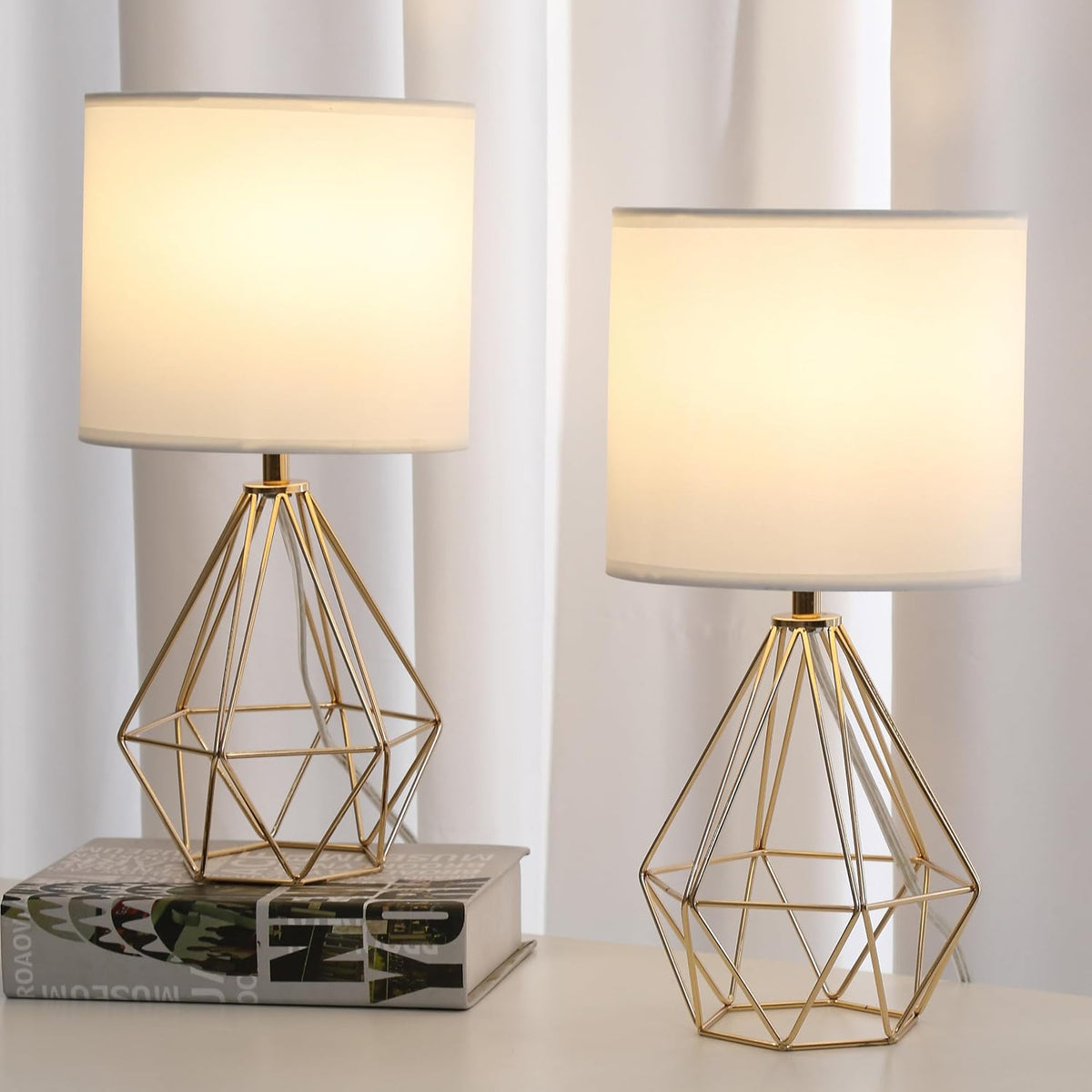 Small Gold Table Lamp Set of 2, Bedside Nightstand Lamps with White Shade, Ho...