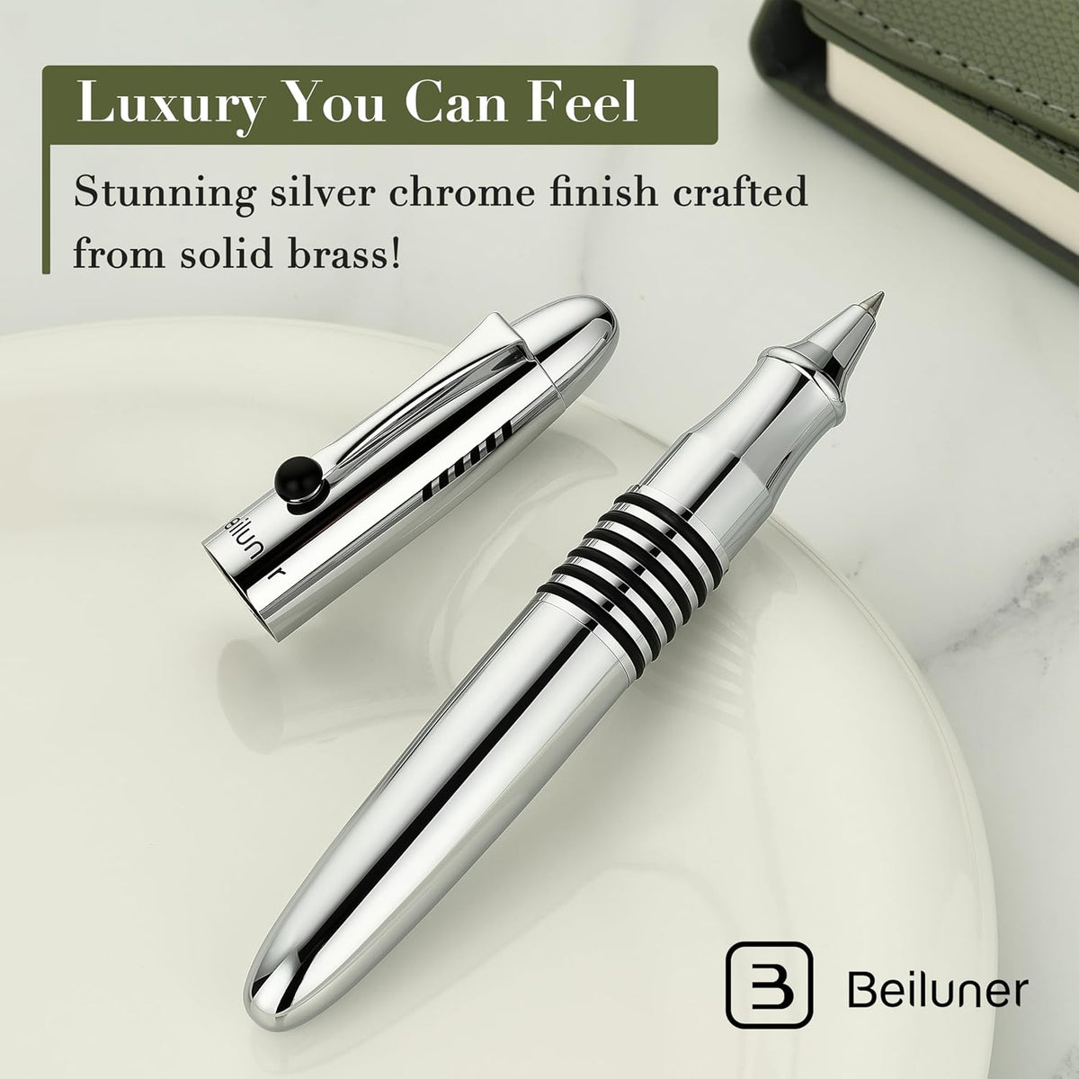 BEILUNER 320 Silver Chrome Rollerball-Luxury Pen with Bright Chrome Finish