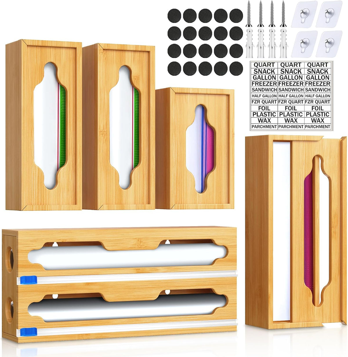 6 In 1 Bag Storage Organizer With Foil and Plastic Wrap Dispenser