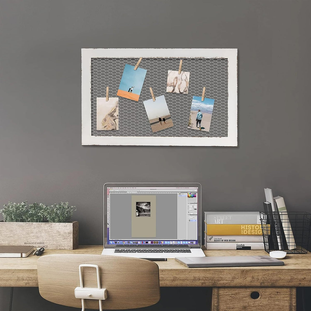 SOFE Chicken Wire White Framed Bulletin Boards, 18×29" Wood Grid Shelf
