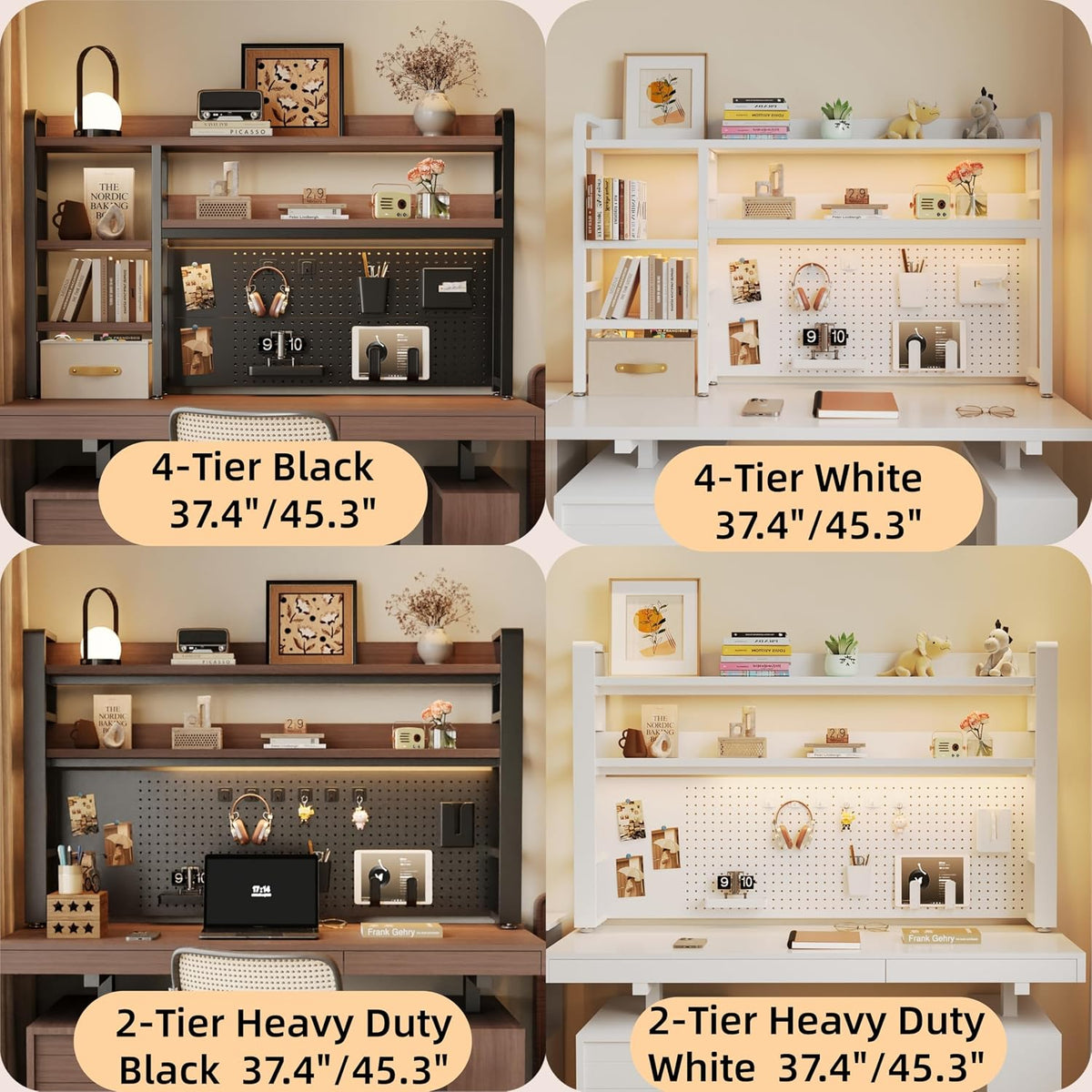 Desktop Hutch Bookshelf, 4-Tier Metal Desk Shelf for Top of Desk