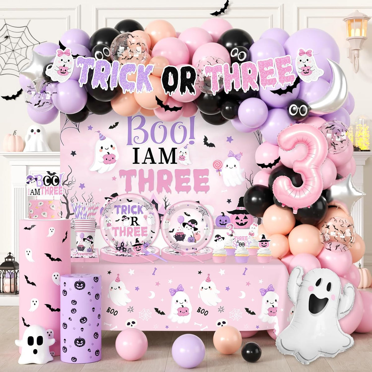 Trick or Three Birthday Party Girl,Halloween 3rd Birthday Decorations Girl