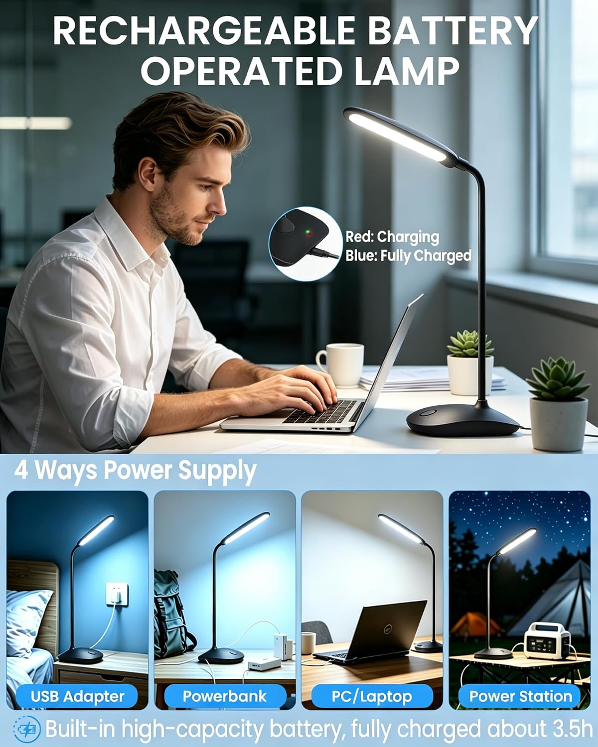 DEEPLITE LED Desk Lamp Battery Operated Lights Cordless Rechargeable Lamp, Fl...