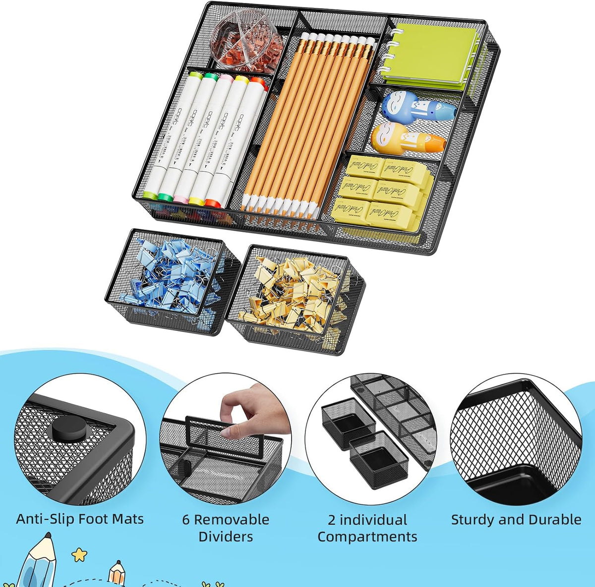 Marbrasse Mesh Desk Drawer Organizer Tray 3 Packs, Black-2PCS