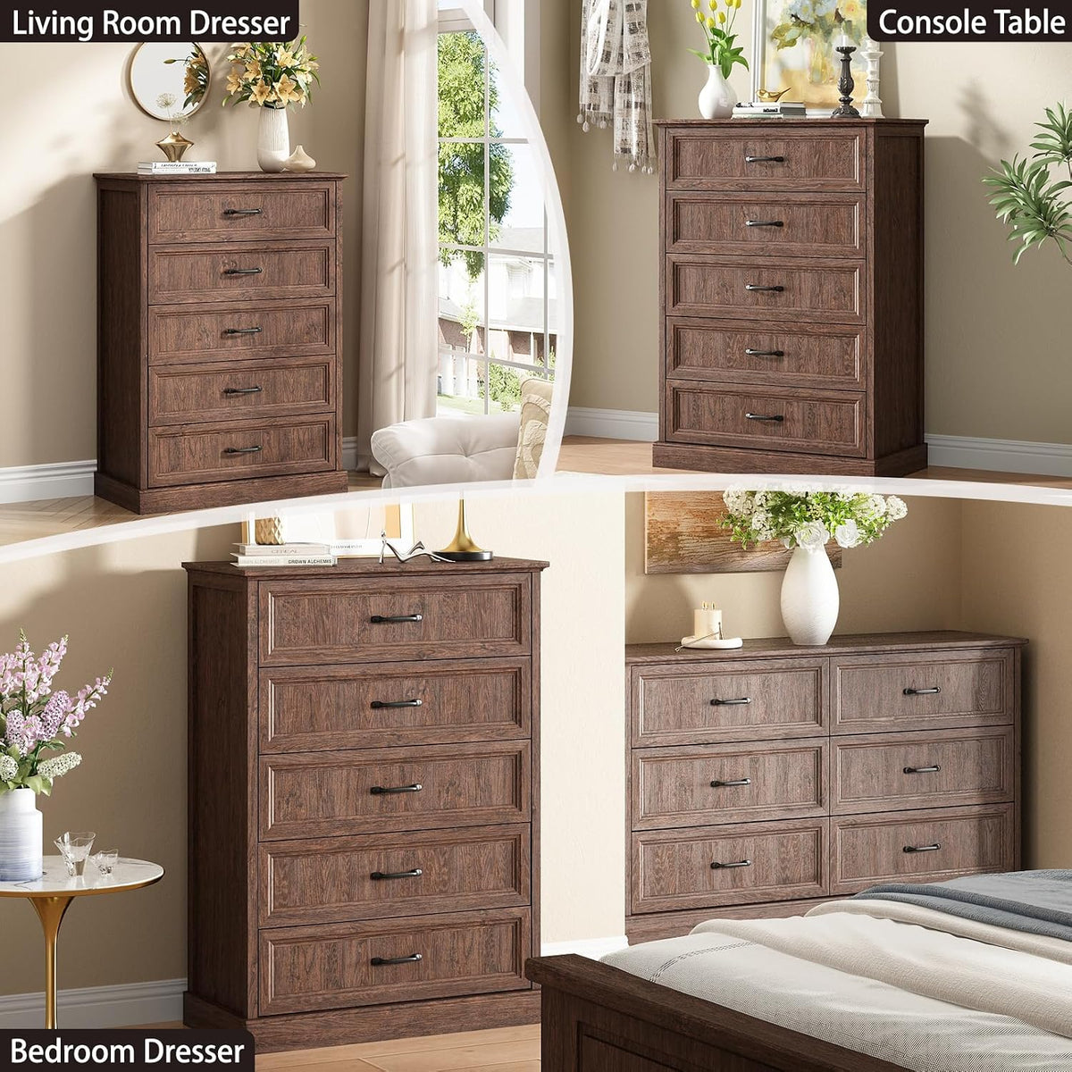 CARPETNAL Farmhouse 5 Drawer Dresser for Bedroom, 44" Tall Brown Dresser.