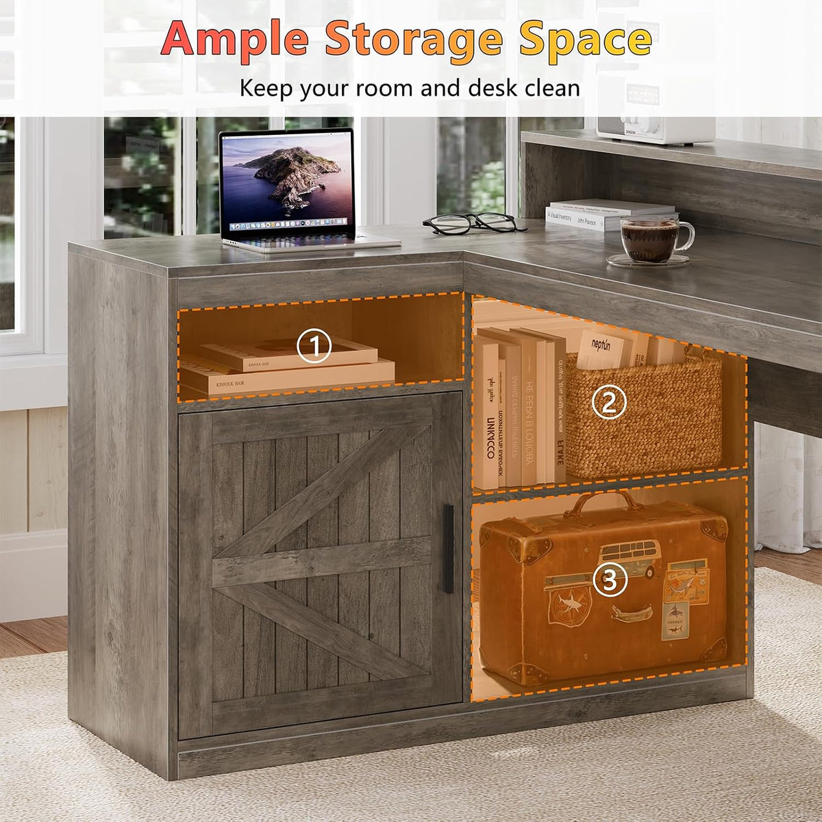 63" Farmhouse L Shaped Desk with Drawers and Printer Stand for Home Office