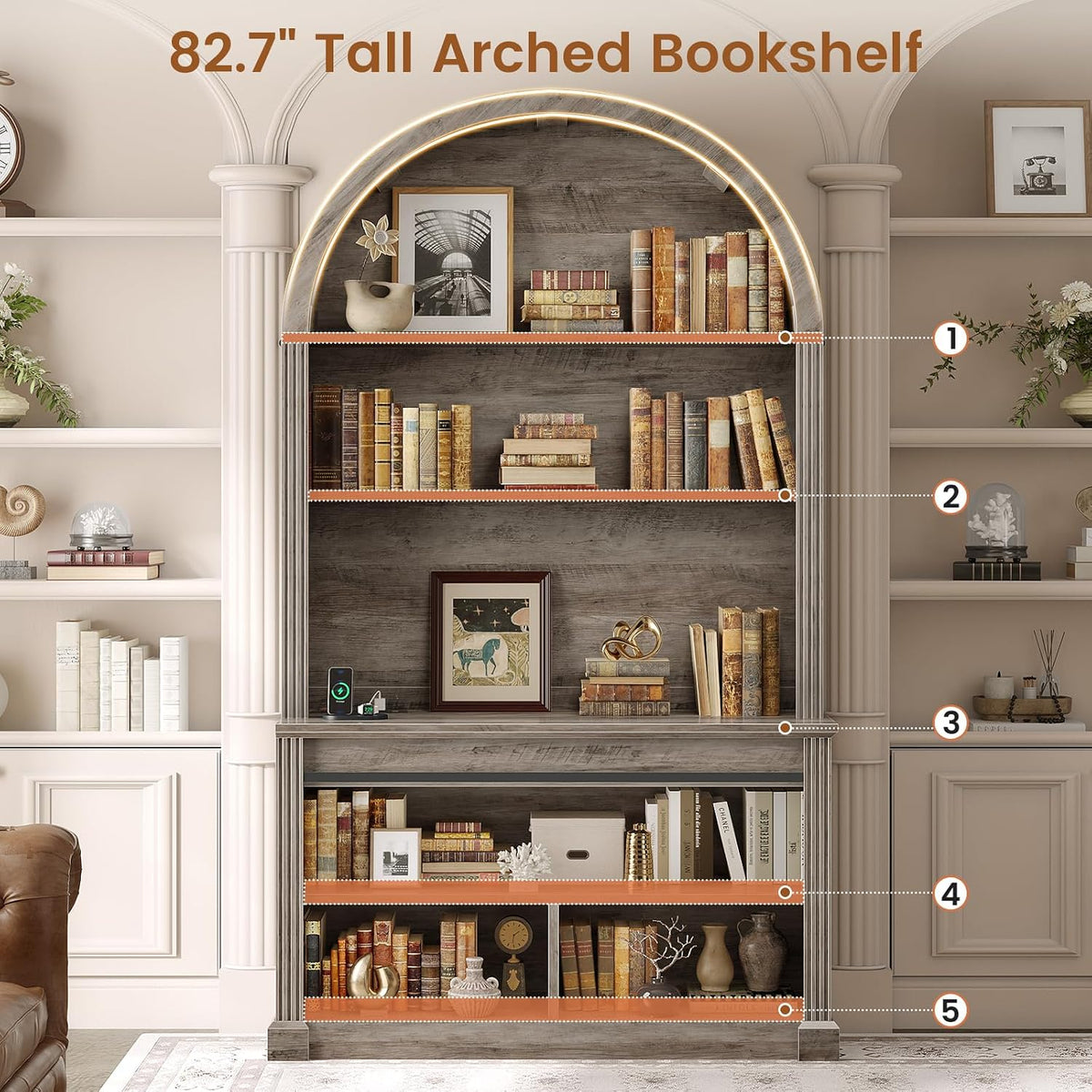 SEDETA 67" L Shaped Desk with Tall Arched Bookshelf & 3 Drawers Storage