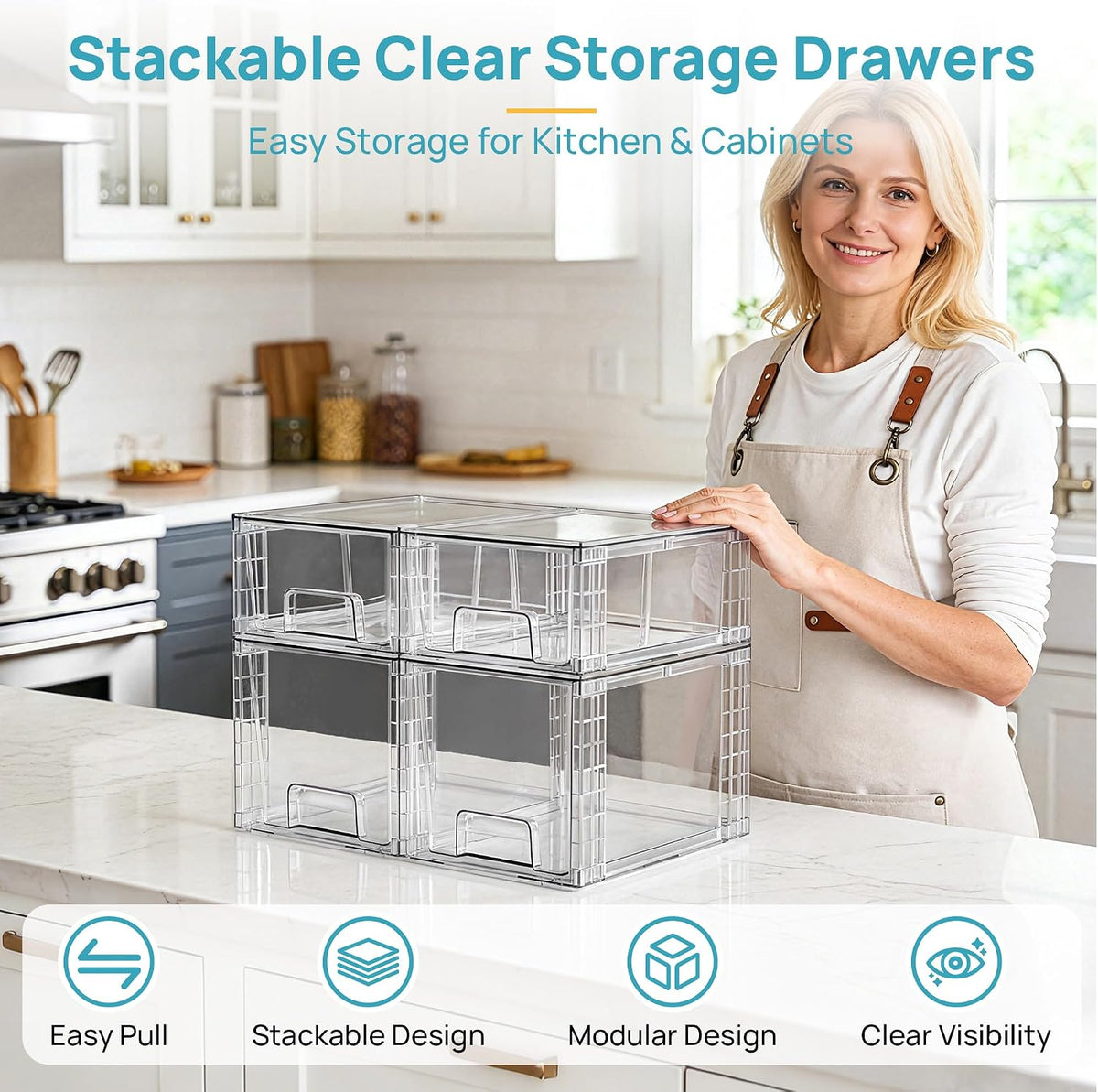 Vtopmart Clear Stackable Storage Drawers, 4 Pack Kitchen Cabinet Set