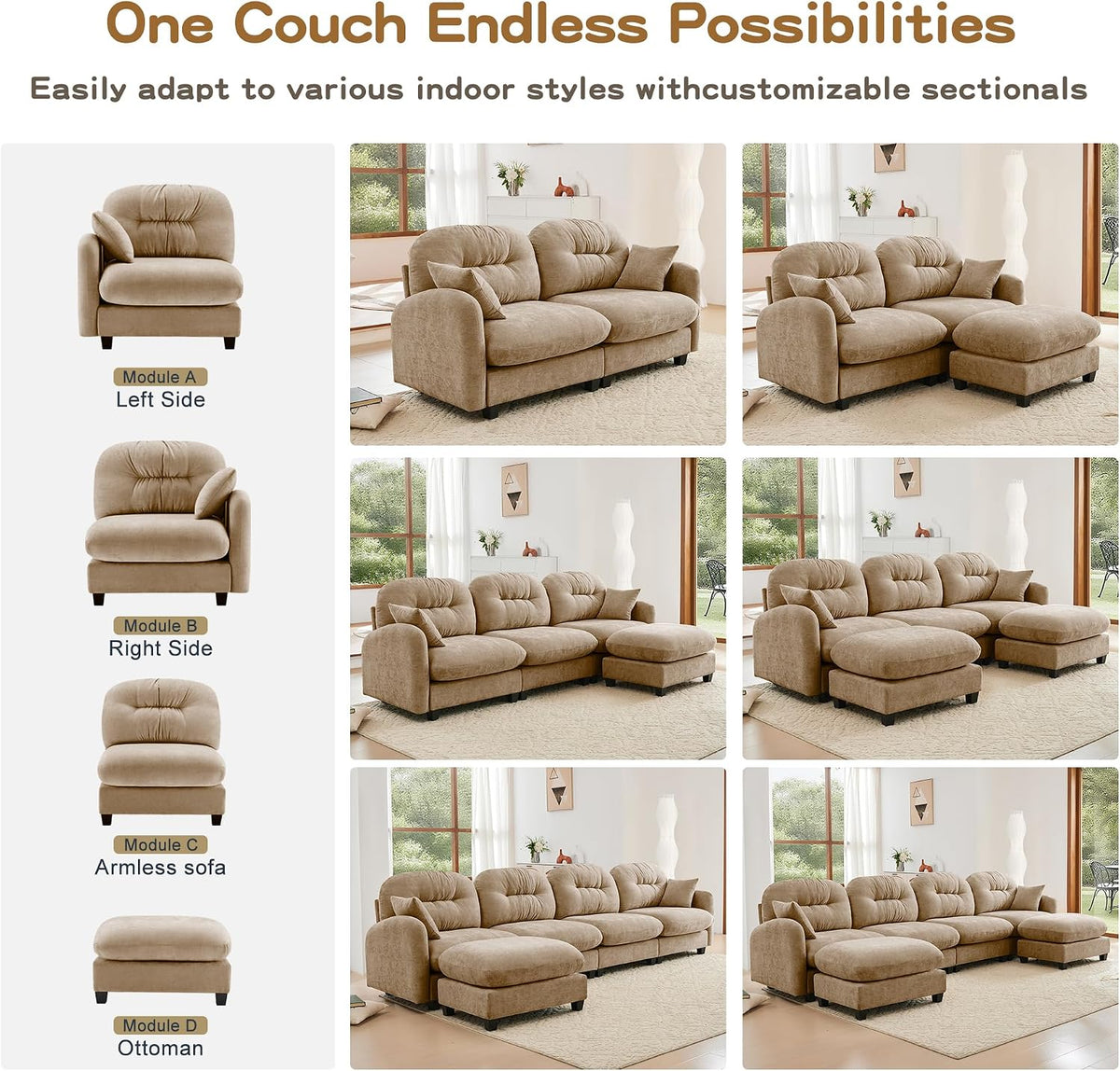 KEIKI 140" L-Shaped Oversized Chenille Modular Sectional Sofa with 1 Ott...