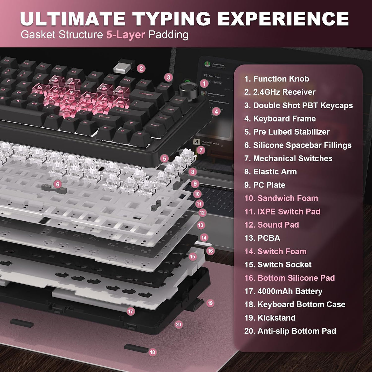 YUNZII B75 PRO 75% Wireless Mechanical Keyboard (Black Heart, MilkV2)