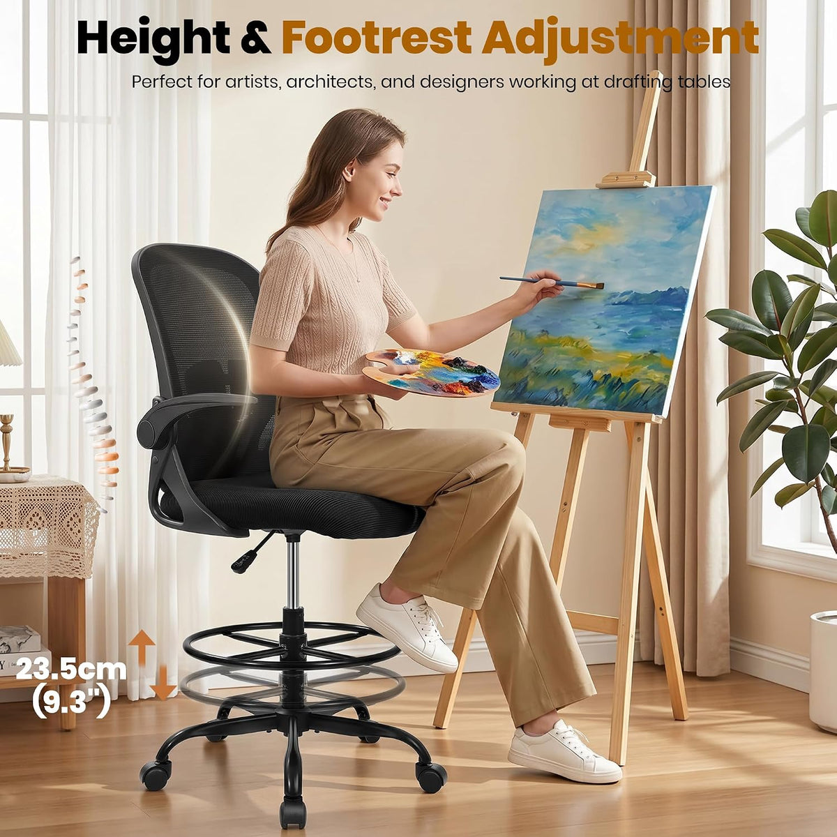 Primy Drafting Chair Tall Office Chair with Flip-up Armrests Executive Ergono...