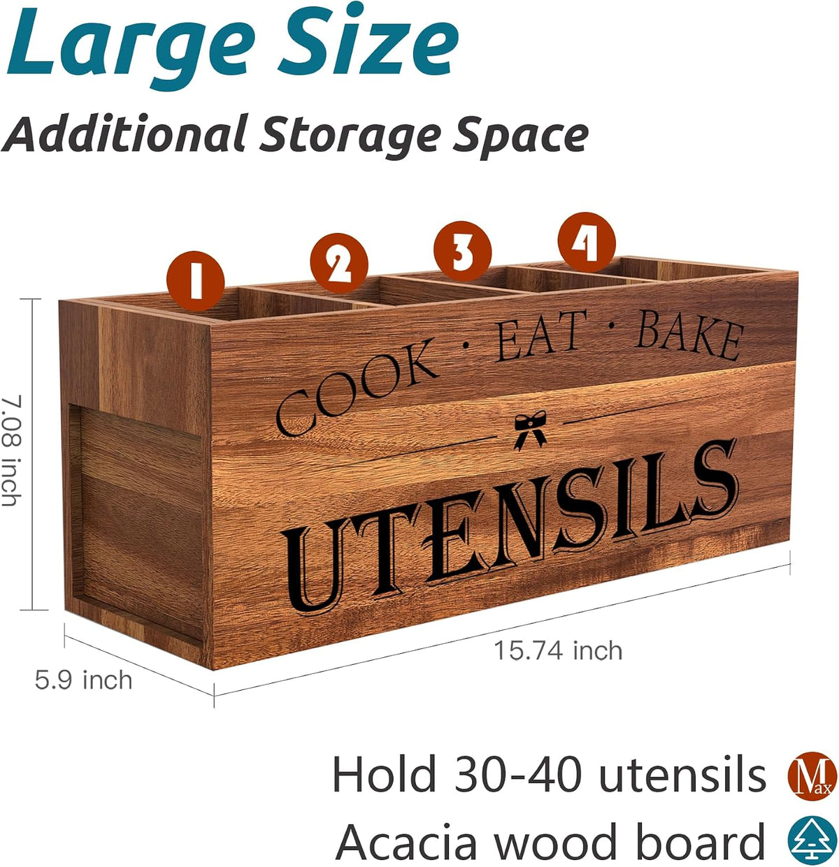 Suli Extra Large Utensil Holder Countertop for Kitchen Counter,Acacia Wood