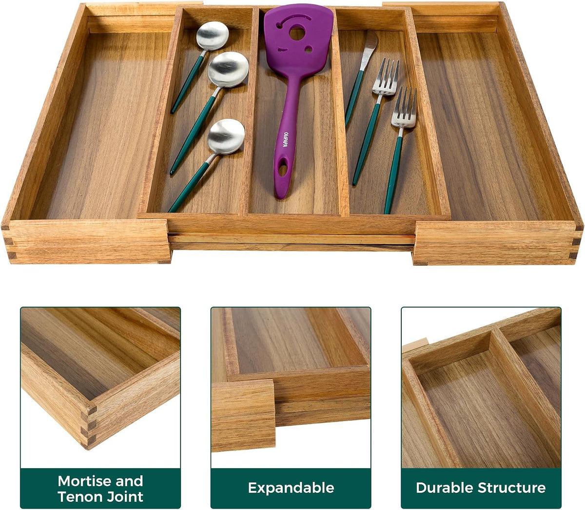 Utoplike Acacia Kitchen Drawer Organizer Expandable, Utensils Cutlery Tray