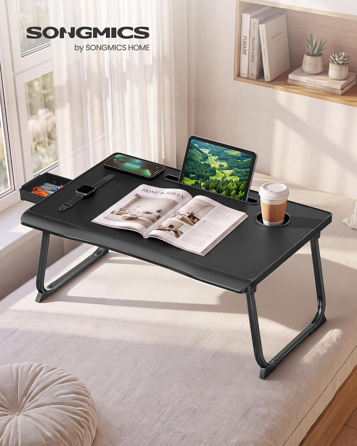 SONGMICS Foldable Lap Desk, Portable Bed Desk Table Tray w/Cup Holder Tray