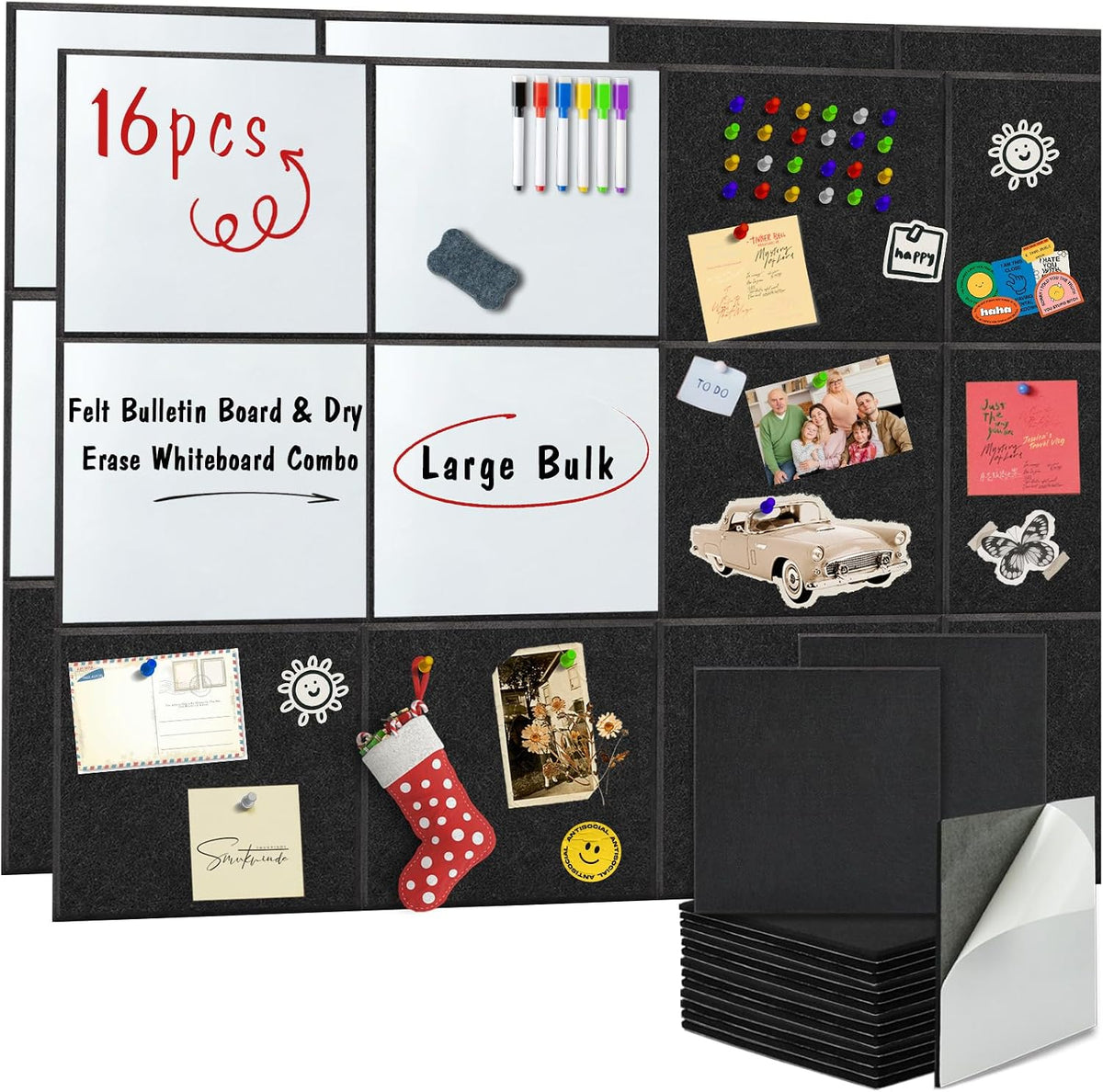 BXI Felt Bulletin Board with Pins & Magnetic Dry Erase Whiteboard Combo, ...