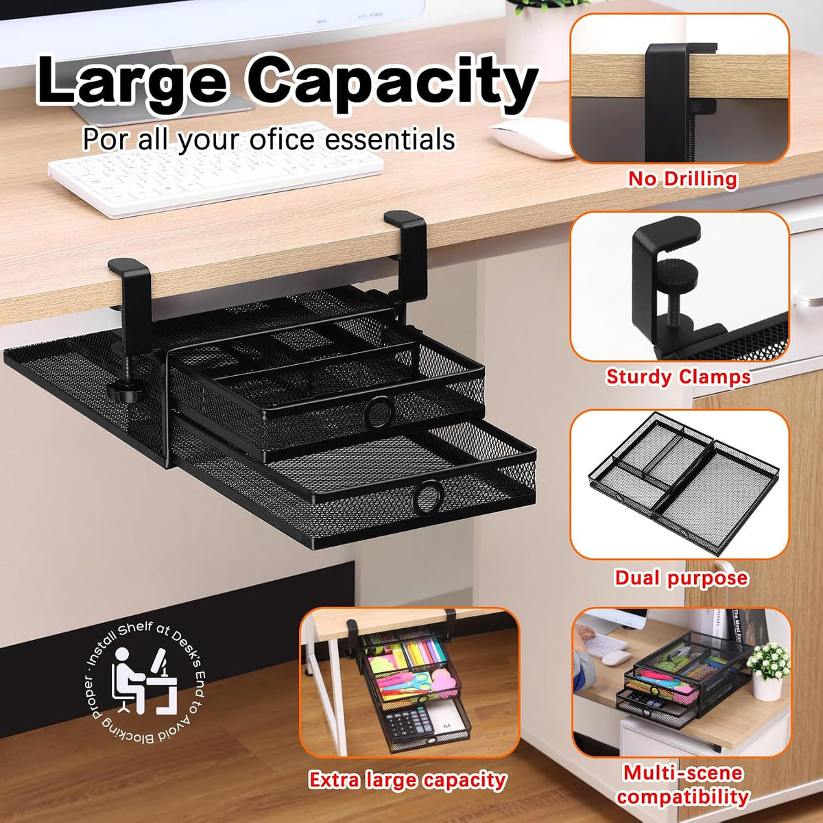 ROSYLINE Under Desk & Desktop Drawer Organizer, 2-Tier Big Capacity