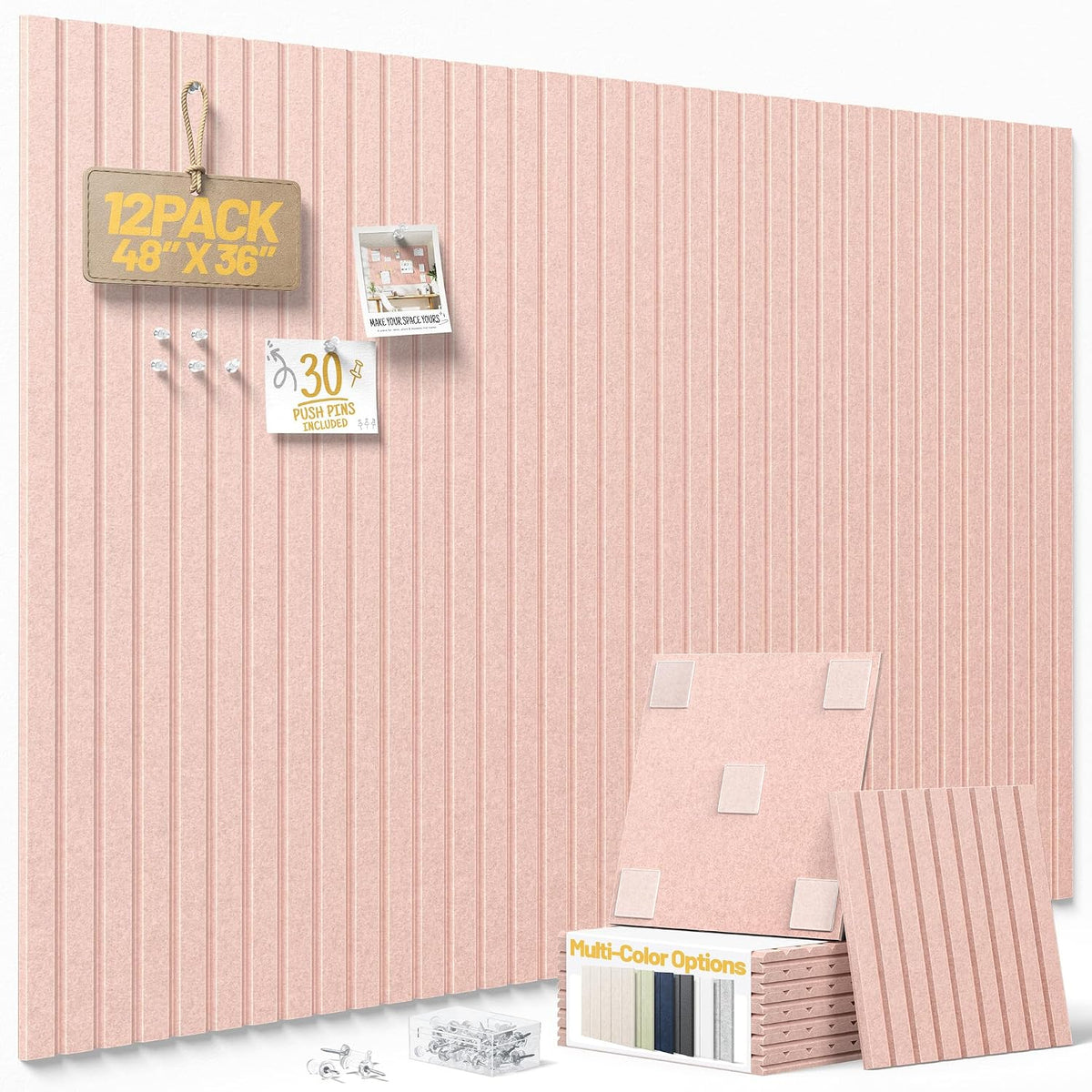 Large Cork Board for Walls Fine-Stripe Bulletin Board with 60 Adhesive Tabs