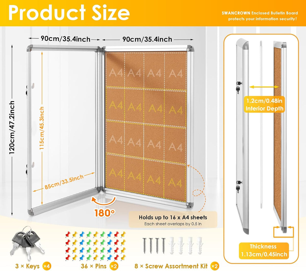 SWANCROWN 48x36 in Enclosed Bulletin Board, Locking Display Case, Pack of 2