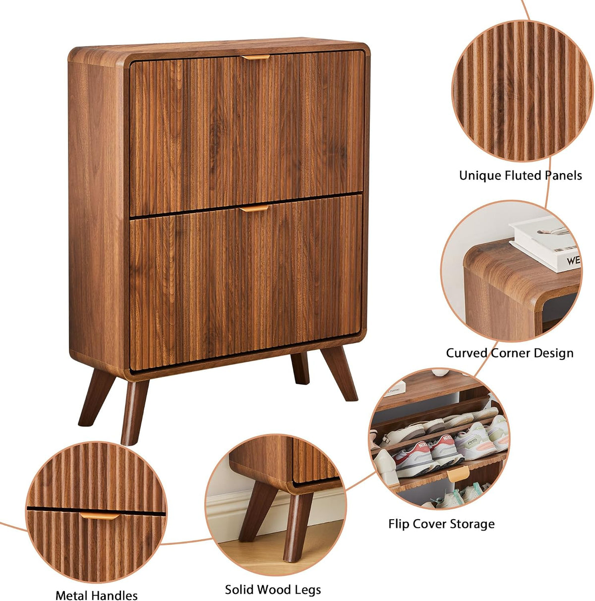 RARZOE Fluted Shoe Cabinet for Entryway, 27.5''Walnut