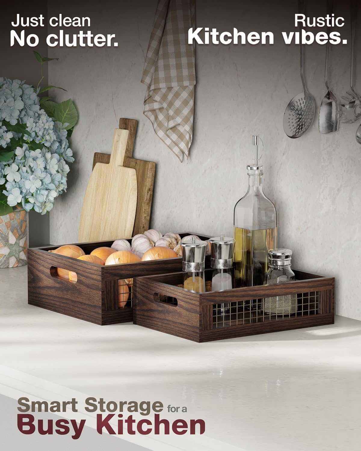 Set of 2 Wooden Countertop Baskets with Sturdy Wire Mesh & Handles