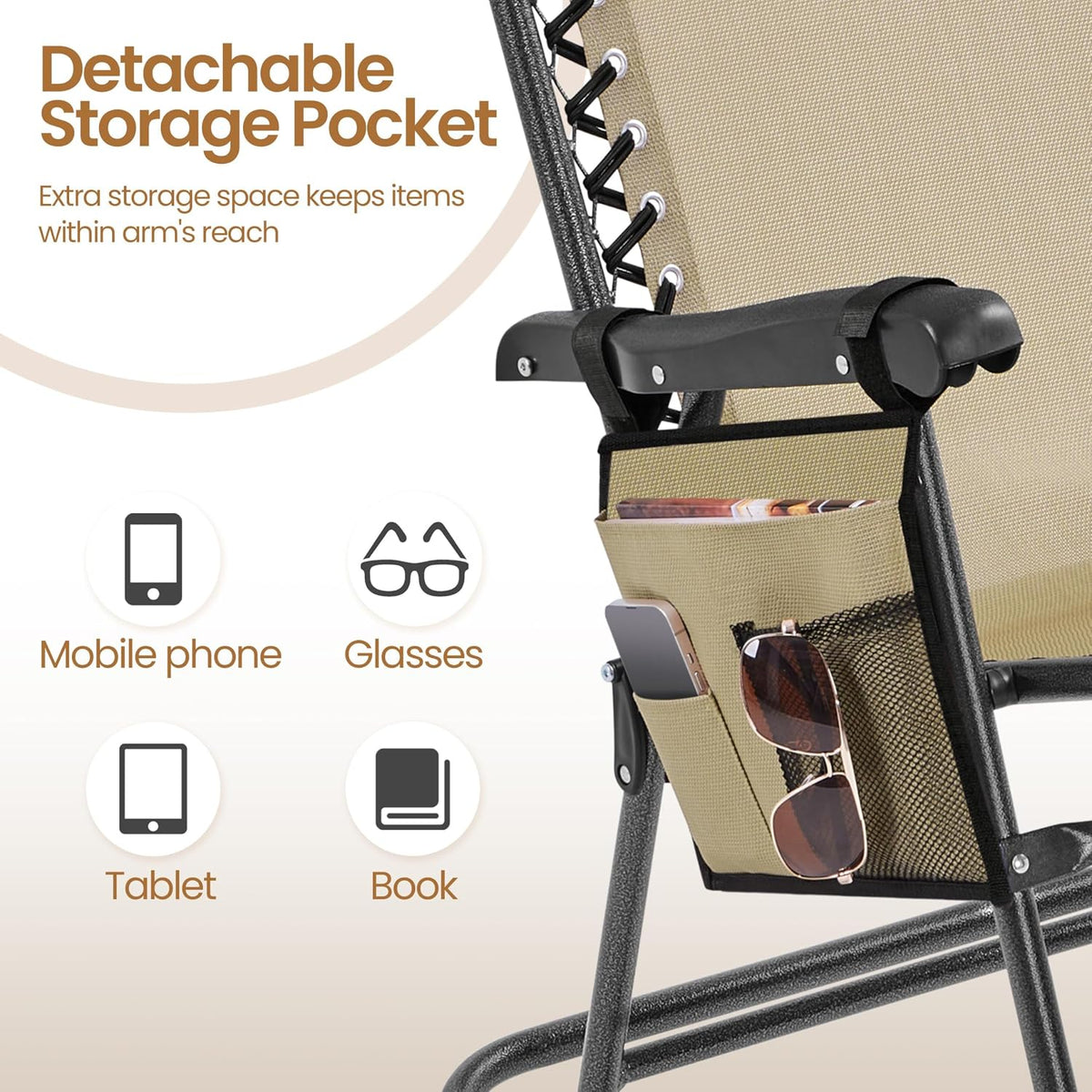 Yaheetech Patio Rocking Chair Folding Camping Chair with Pocket, Beige