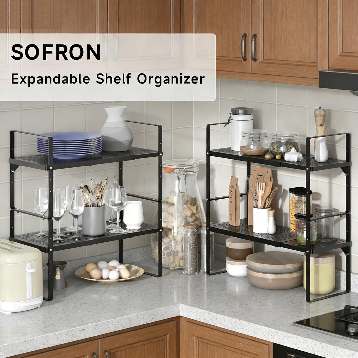 Expandable Storage Shelf, Stackable Organizer Rack, Black Large 1 PK