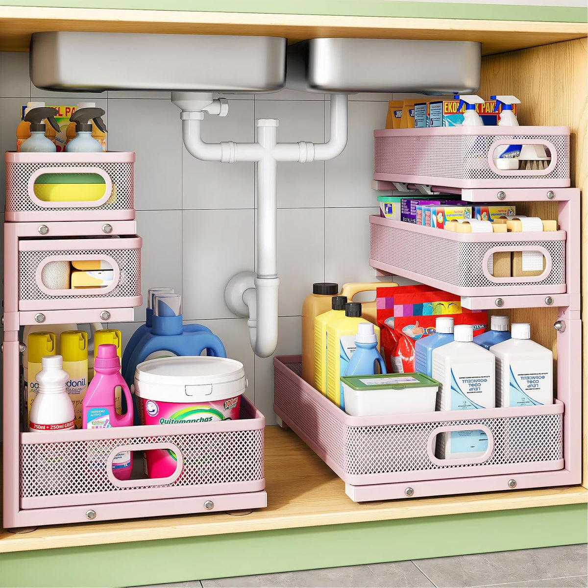 Kitstorack Under Sink Organizer, 2-Pack 3-Tier Height Adjustable Thickened Me...