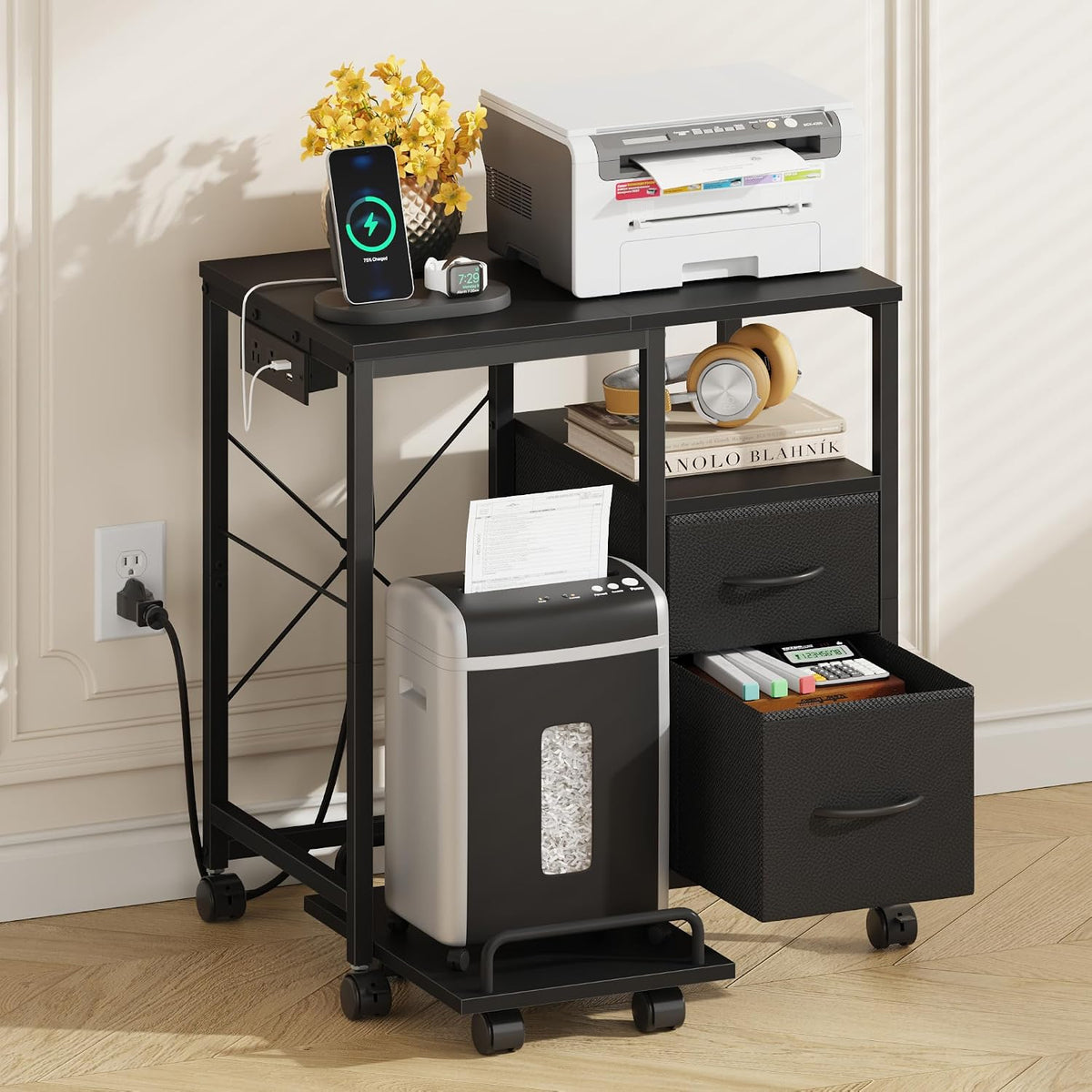 YAOHUOO Printer Stand with Power Outlet/Drawers, Printer and Shredder Stand