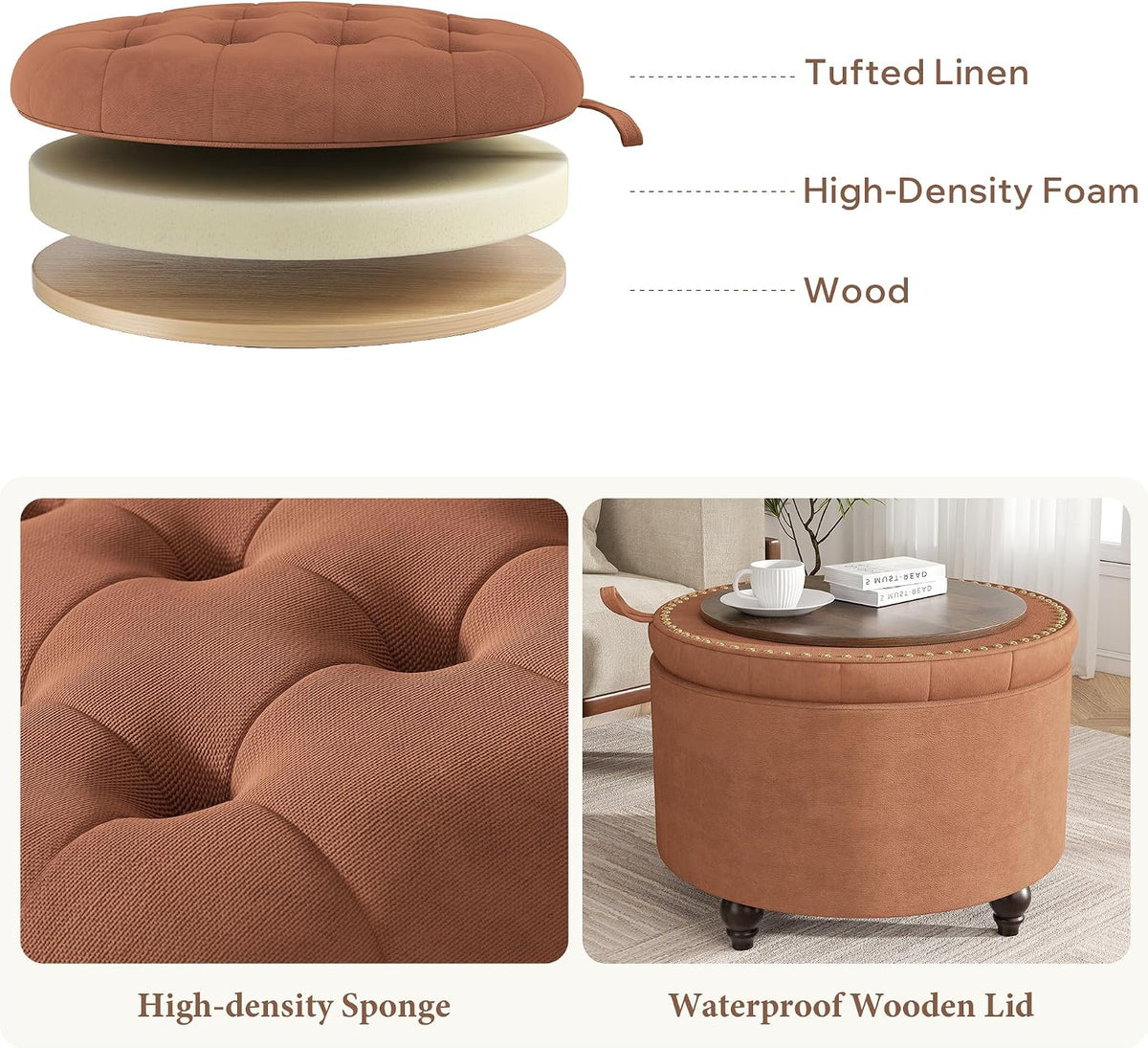 24 Inch Round Storage Ottoman,Modern Tufted Ottomans,Circular Coffee Table wi...
