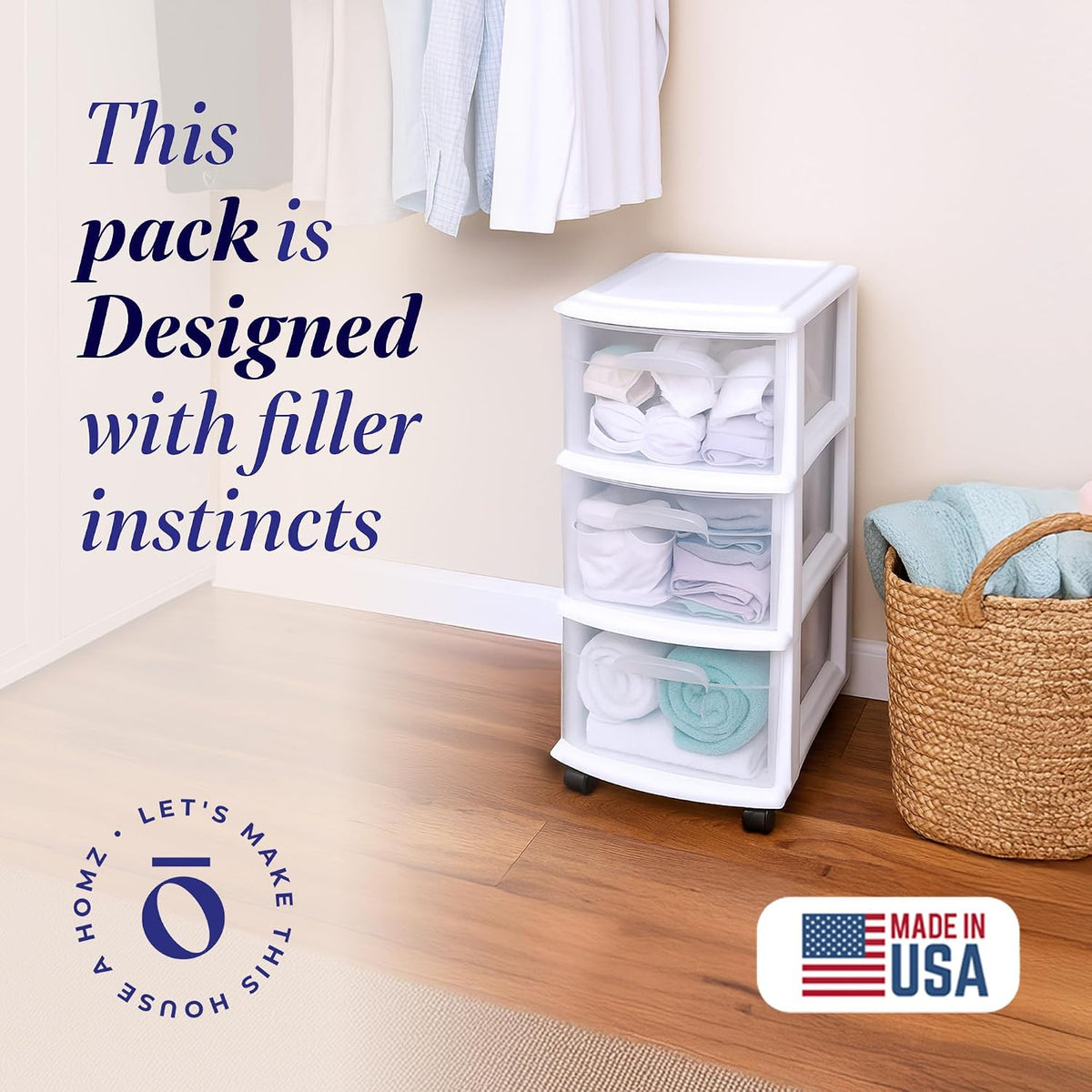 HOMZ Drawer Tower, 3-Tier Storage Cart with Removable Wheels, White Frame