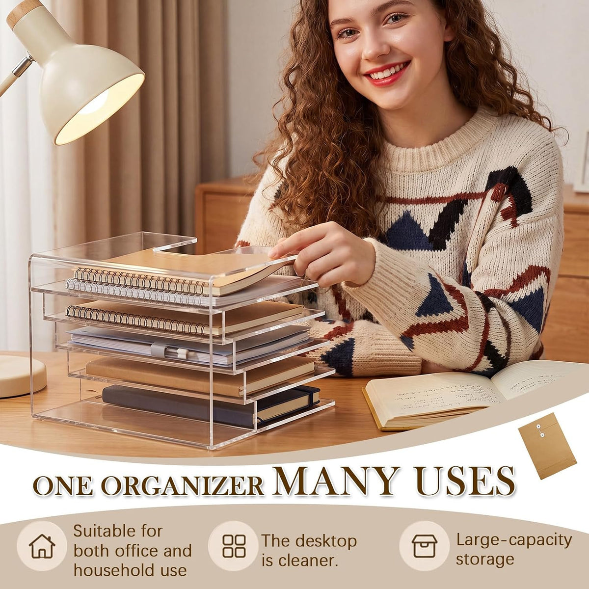 5 Section Clear Acrylic File Organizer, Inclined Desktop File Sorter