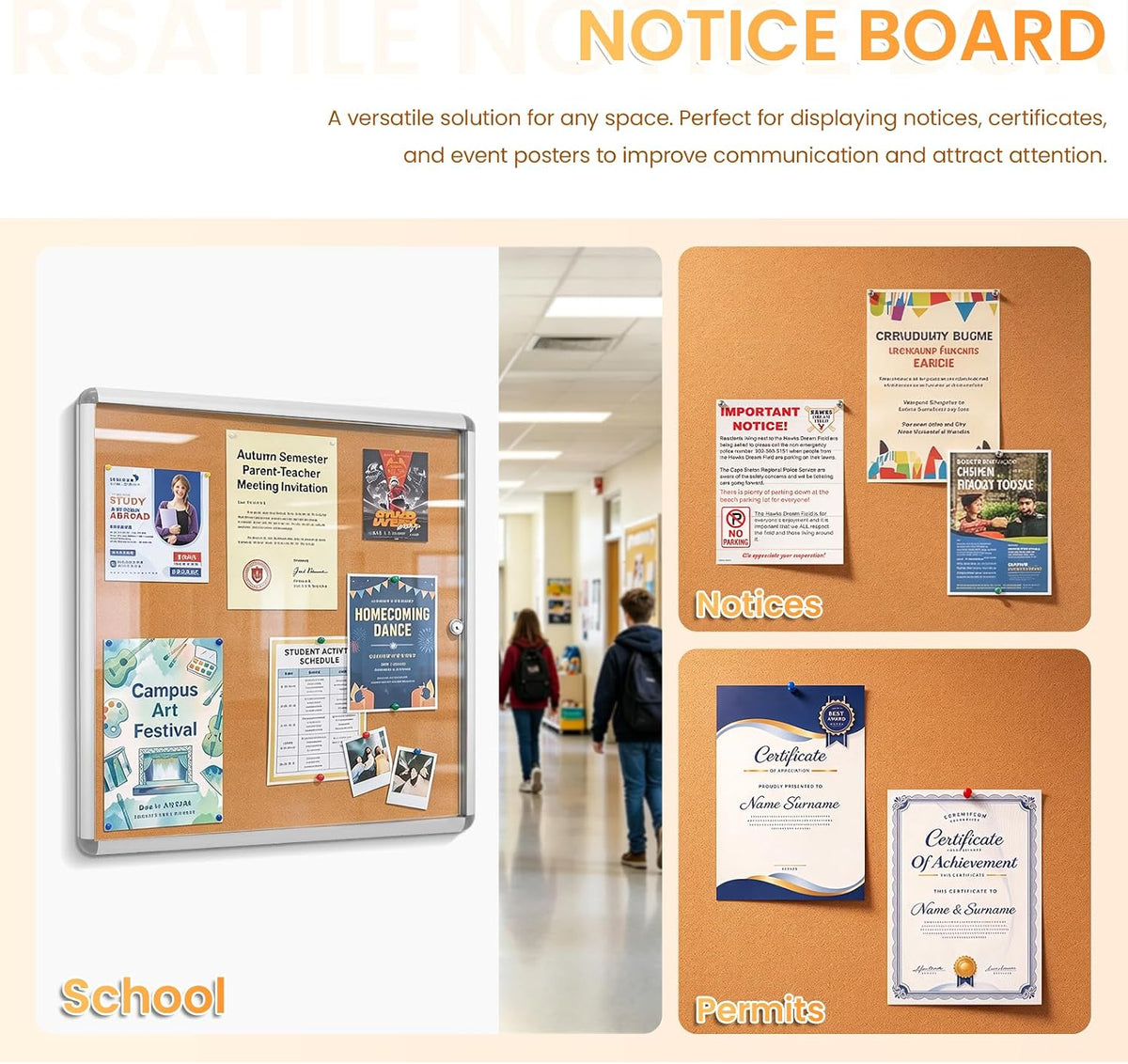 28x26 in Enclosed Bulletin Board Cork Notice Board, Silver Frame