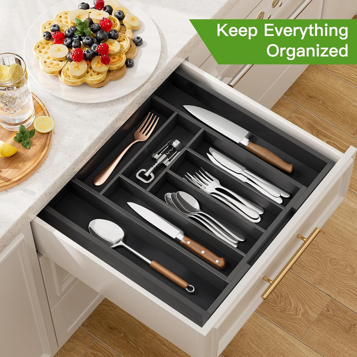 Pipishell Bamboo Expandable Silverware Drawer Organizer, Black, Medium