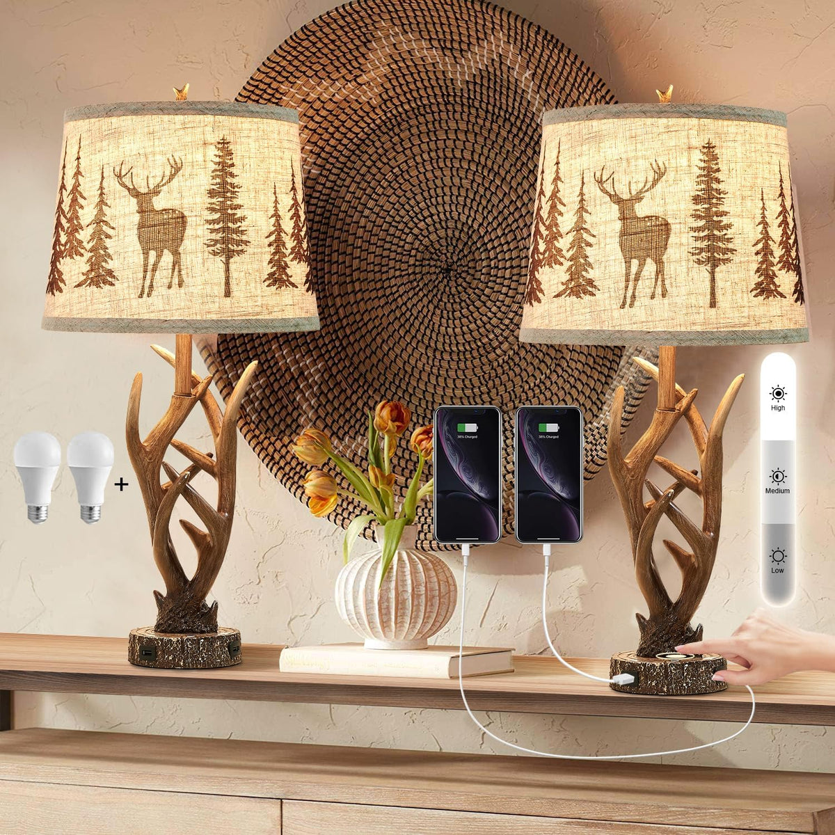 Dungoo 26" Rustic Antler 3-Way Dimmable Table Lamp Set of 2 with 2 USB Port