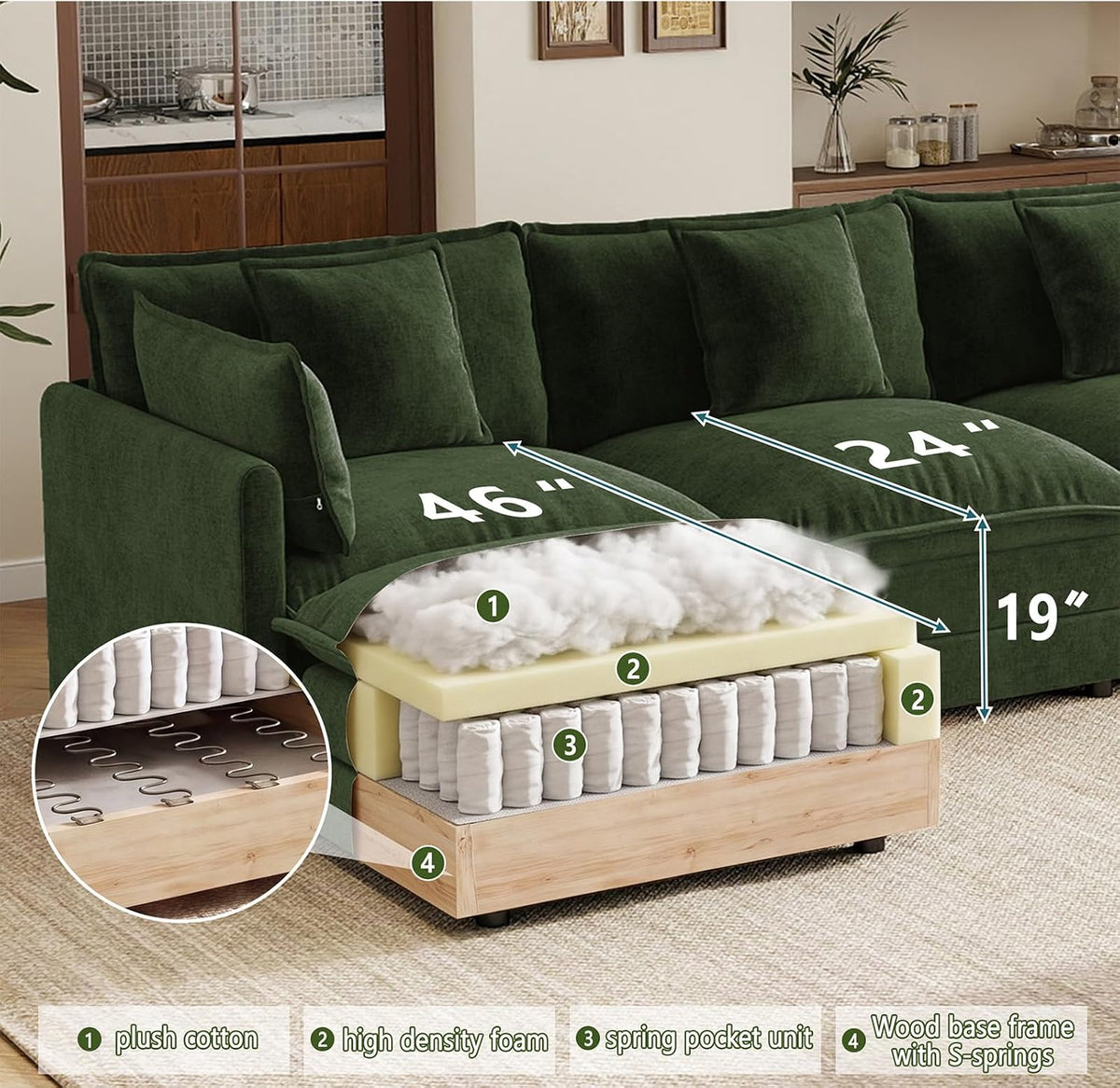 33" Green Ottoman for Modular Sectional Sofa Cloud Couch