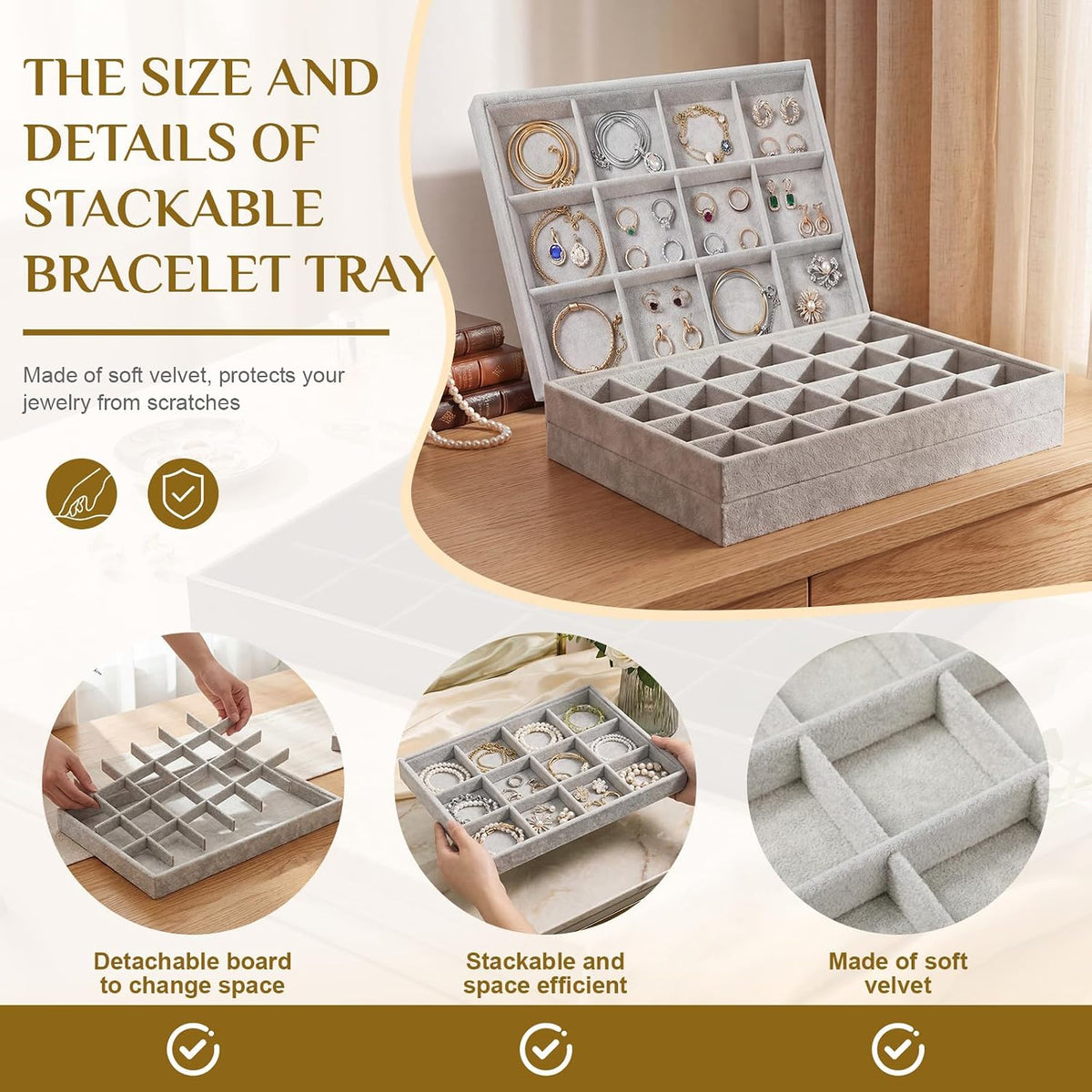 Unittype Set of 4 Stackable Jewelry Organizer Trays, 24+12 Grid, Gray