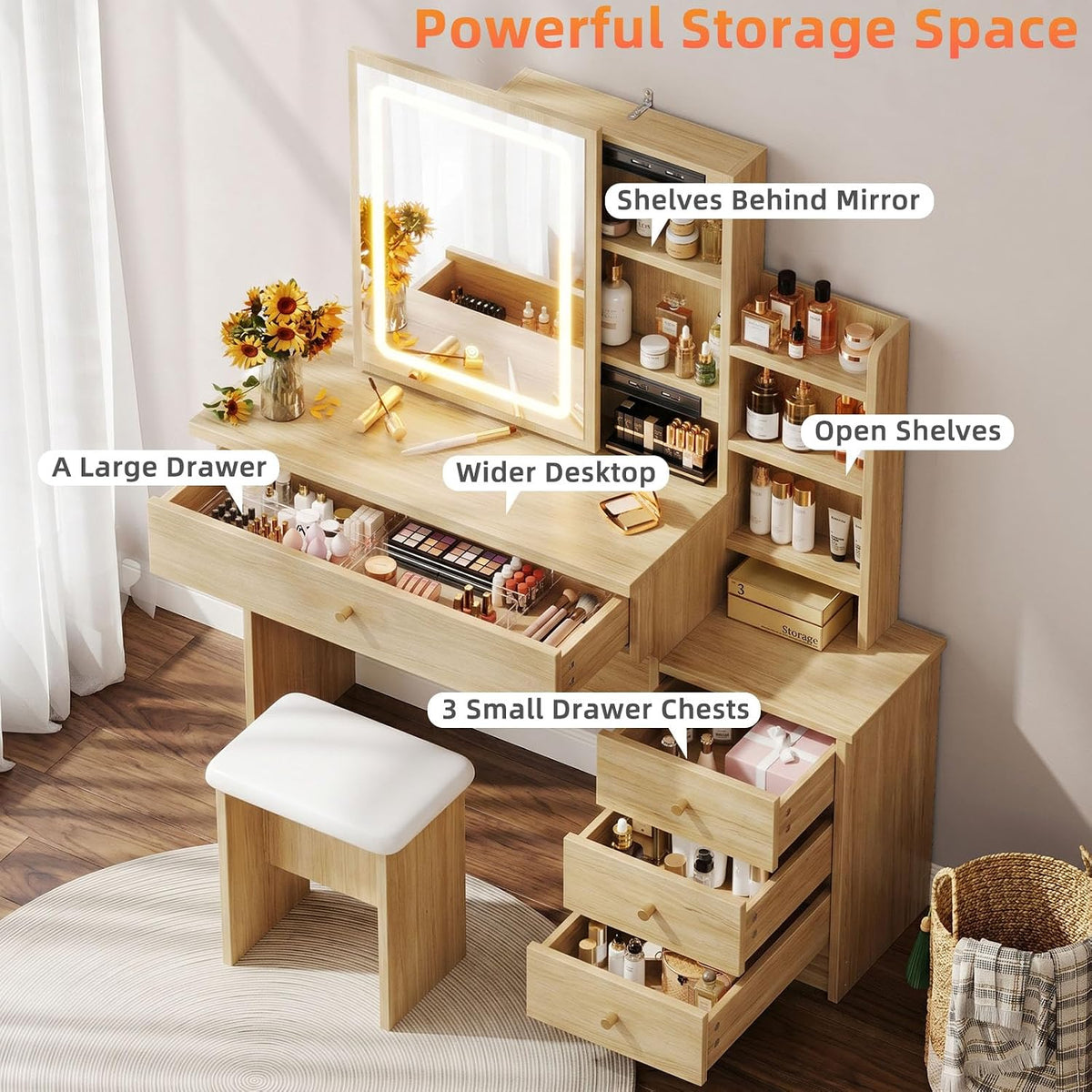 Memobarco Wood Makeup Vanity Desk with Sliding Mirror & 4 Drawers