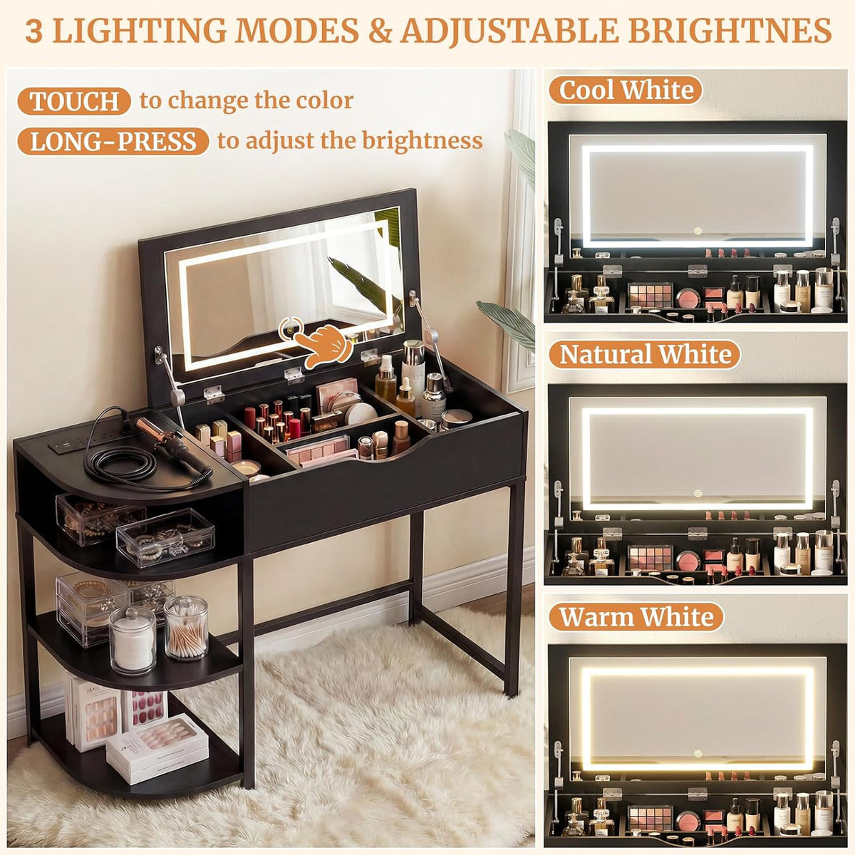 Cyclysio Vanity Desk with Flip Top Mirror and Lights, Black