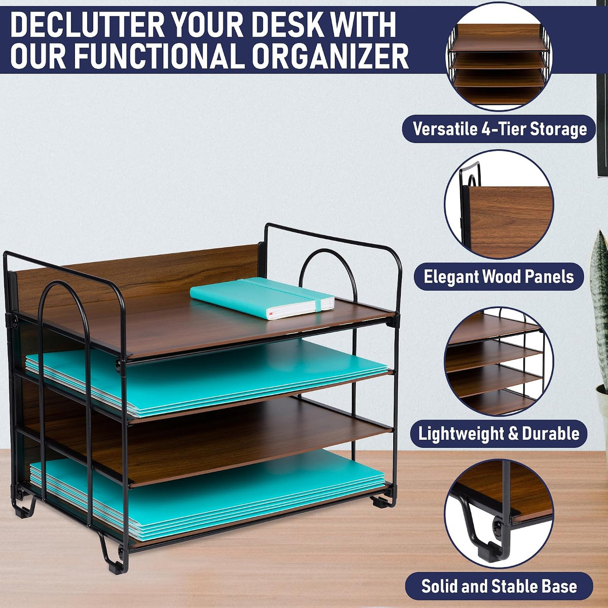 4-Tier Office Organizer, Desk File Organizer with Wood Patterned Shelves, Off...