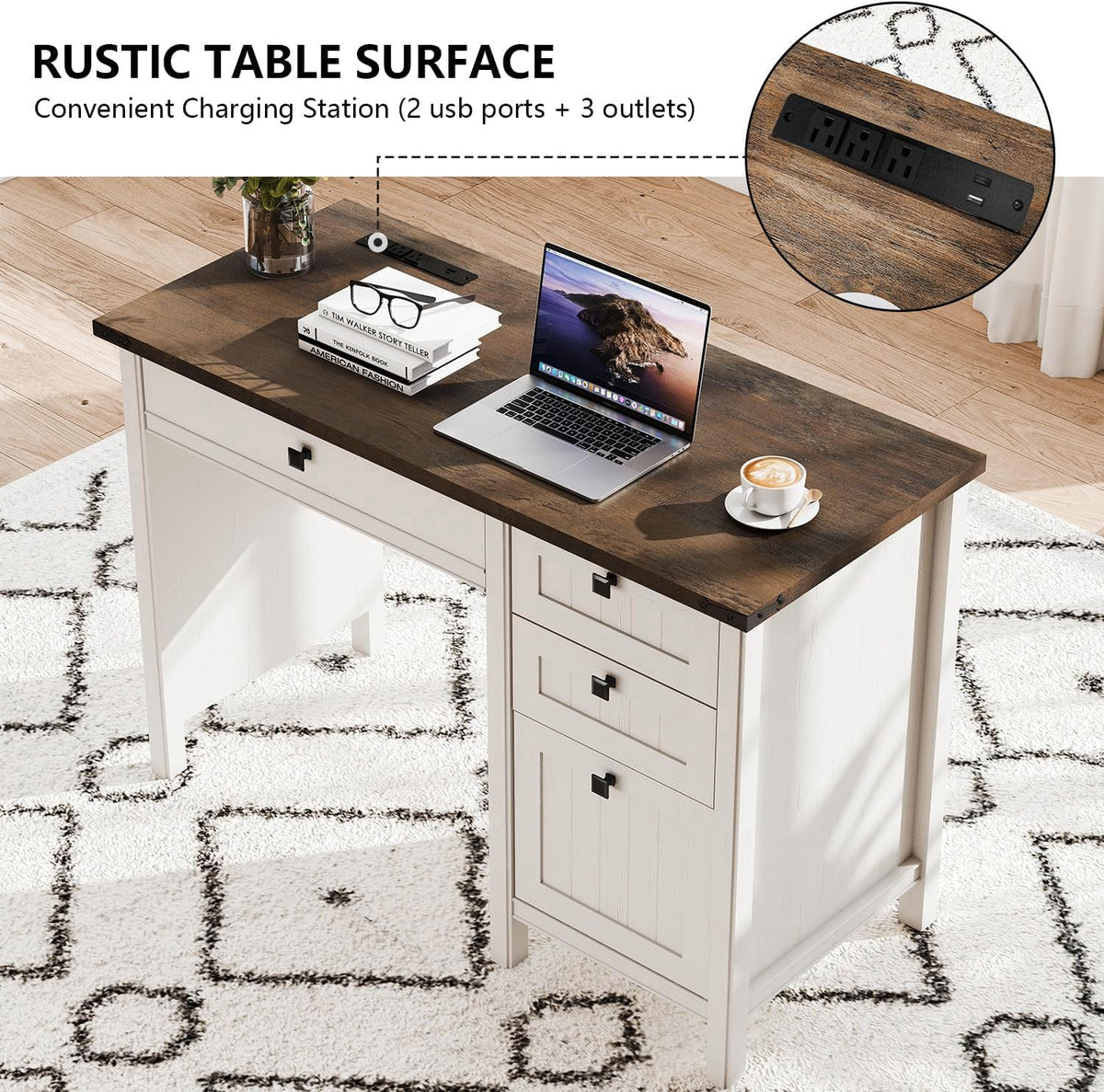 White Farmhouse Desk 45" with 4 Drawers & Charging Station