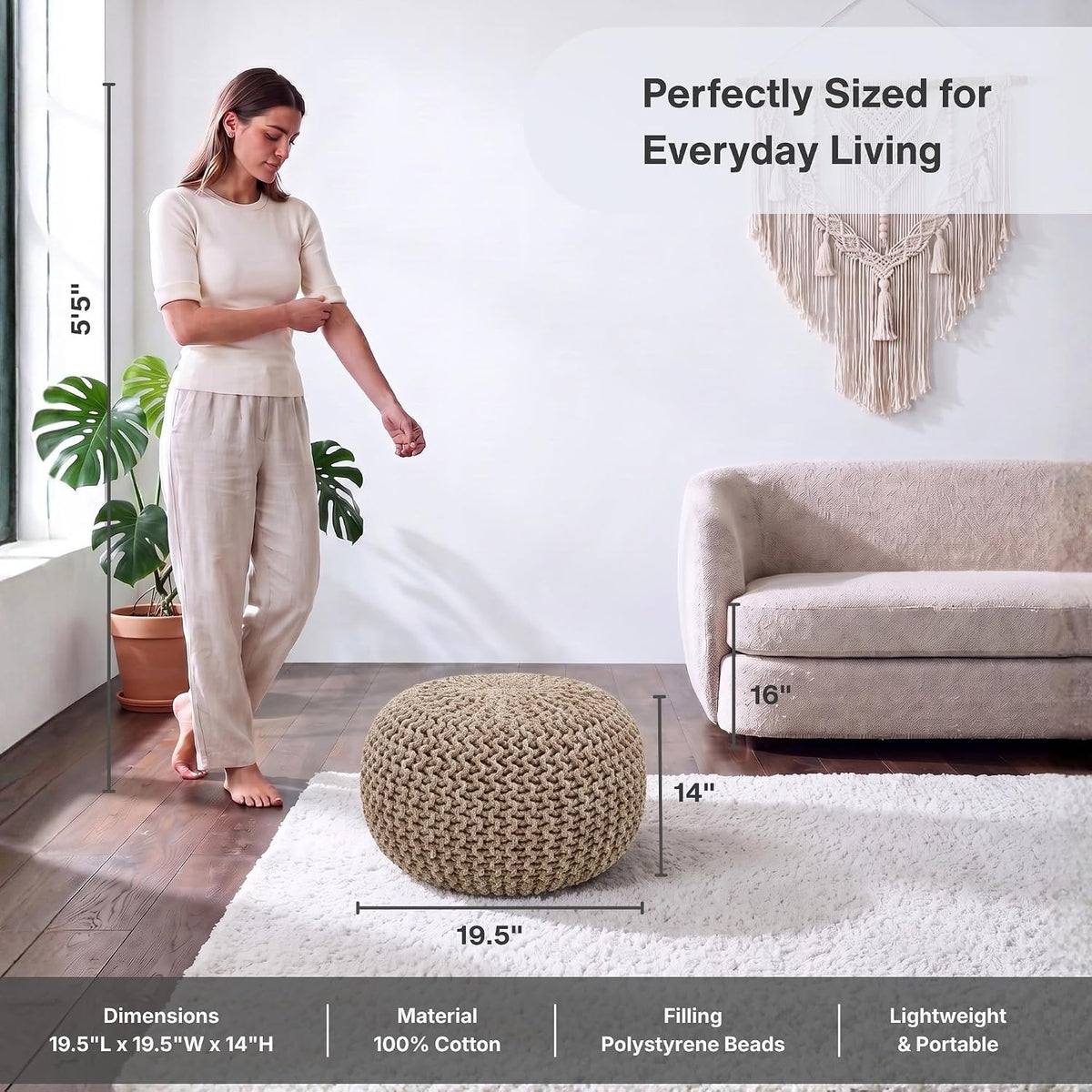 · REDEARTH · Round Pouf Ottoman - Hand Knitted Boho Poof - Beige Ivory