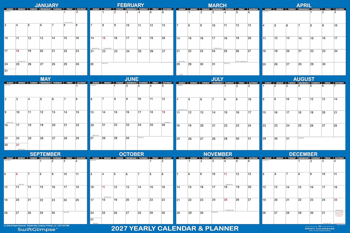 24" x 36" SwiftGlimpse 2027 Wall Calendar Erasable Large Wet & ...