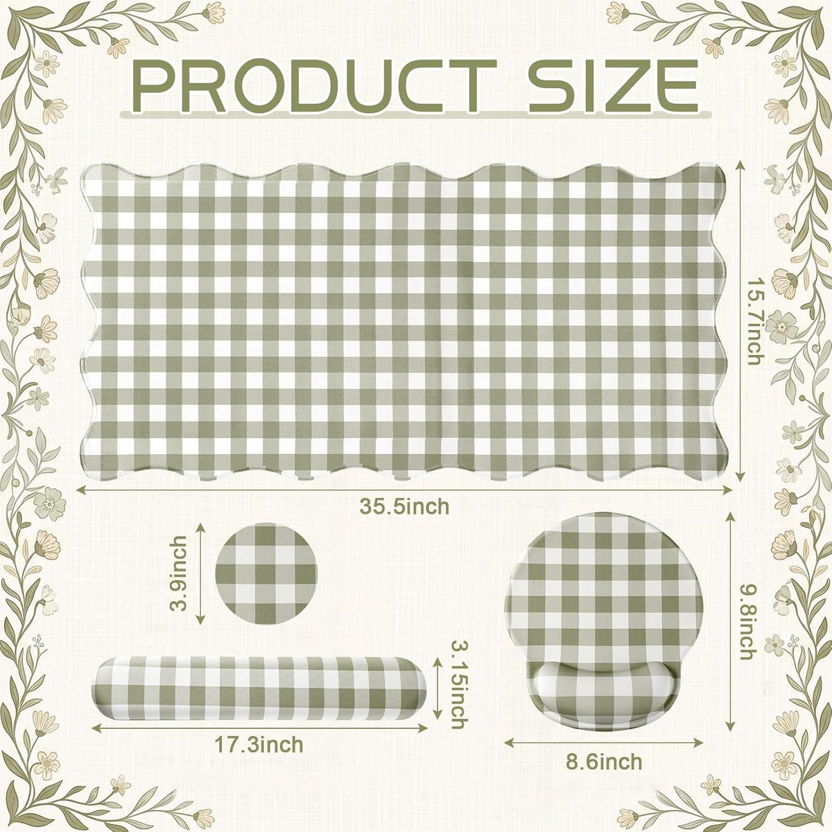 Sabary Gingham Desk Mat Scalloped Sage Green, 35.4 x 15.7 Inch