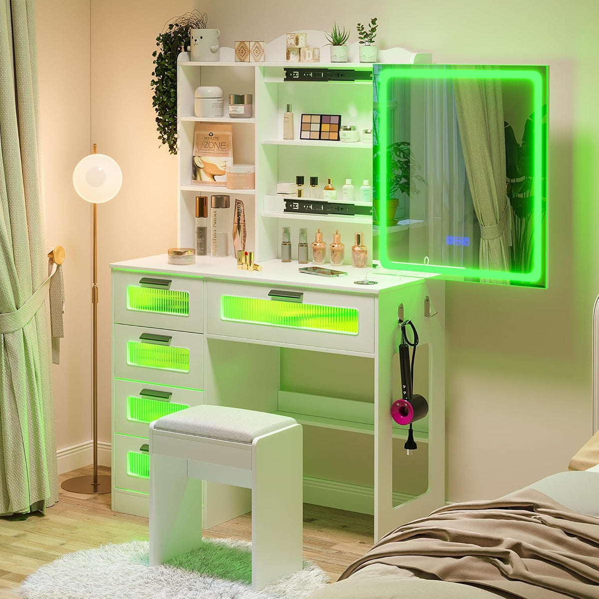 HNEBC Makeup Vanity Desk with Sliding Lighted LED Mirror&USB Port,White