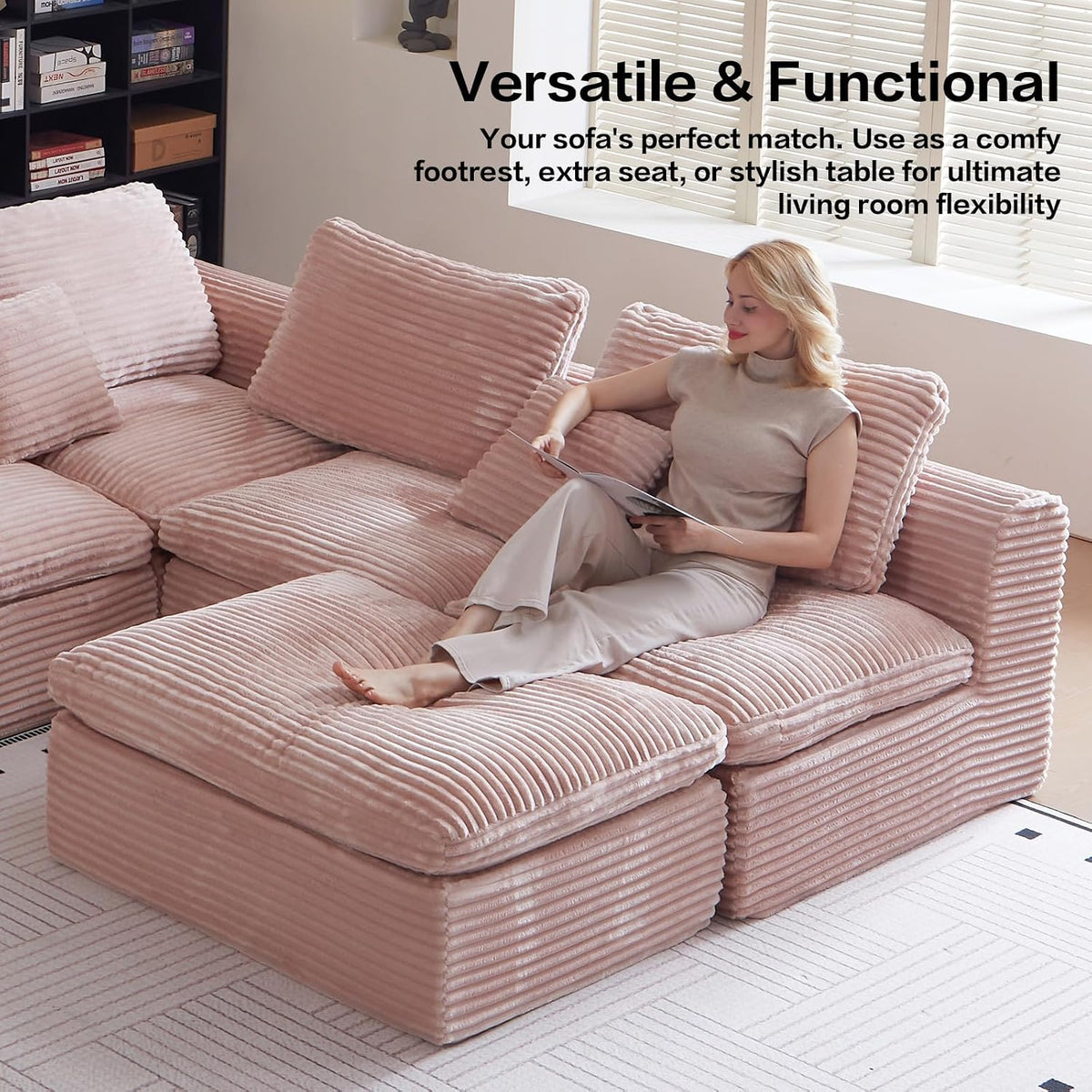 38.7" Large Square Ottoman, Cloud Pouf, Boneless, Dense Foam, Corduroy Pink
