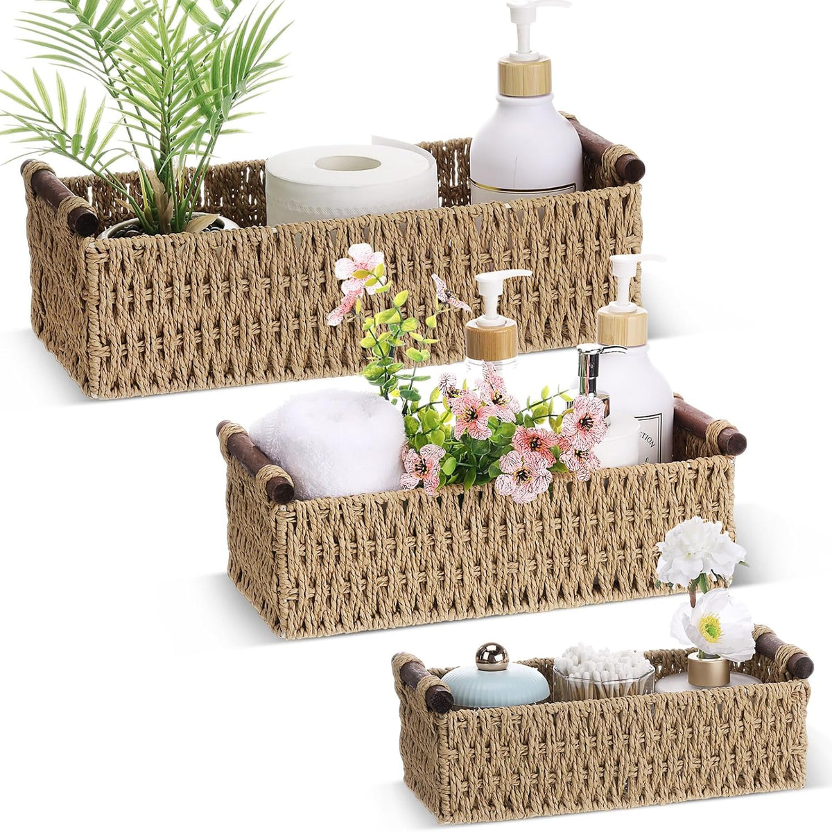 Boao 3 Pcs Boho Storage Wicker Baskets Handmade Woven Decorative Paper Rope B...