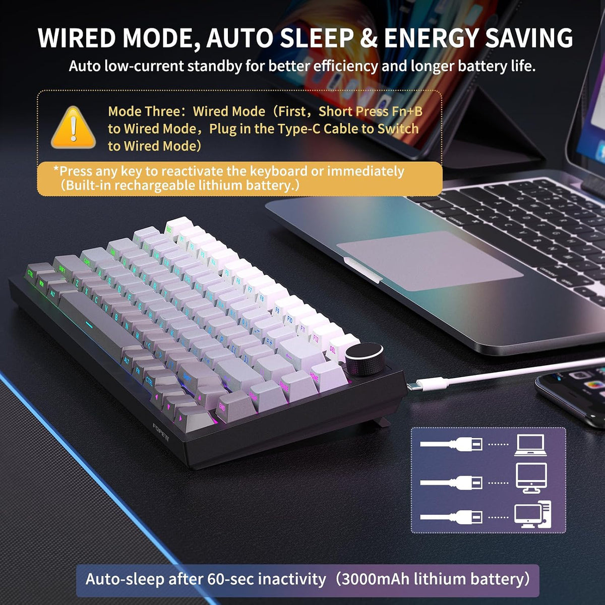Wireless Mechanical Backlit Gaming Keyboard with Knob,Hot Swappable,Grey