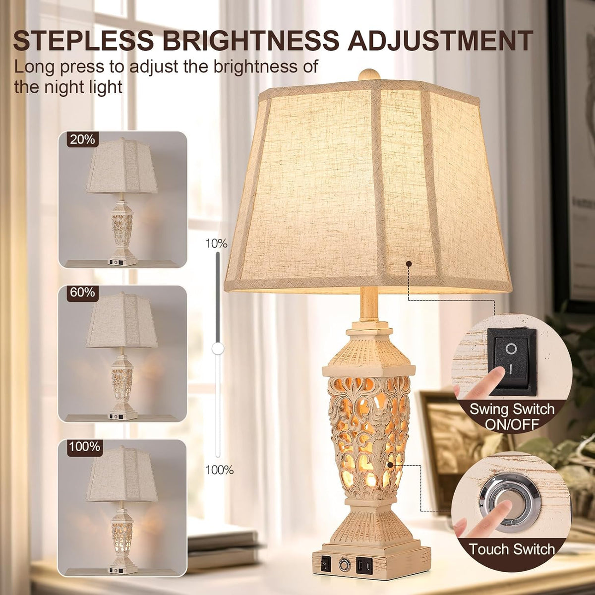 AIDENOEY 27.5" Touch Control Traditional Table Lamp Set of 2 with USB A+C