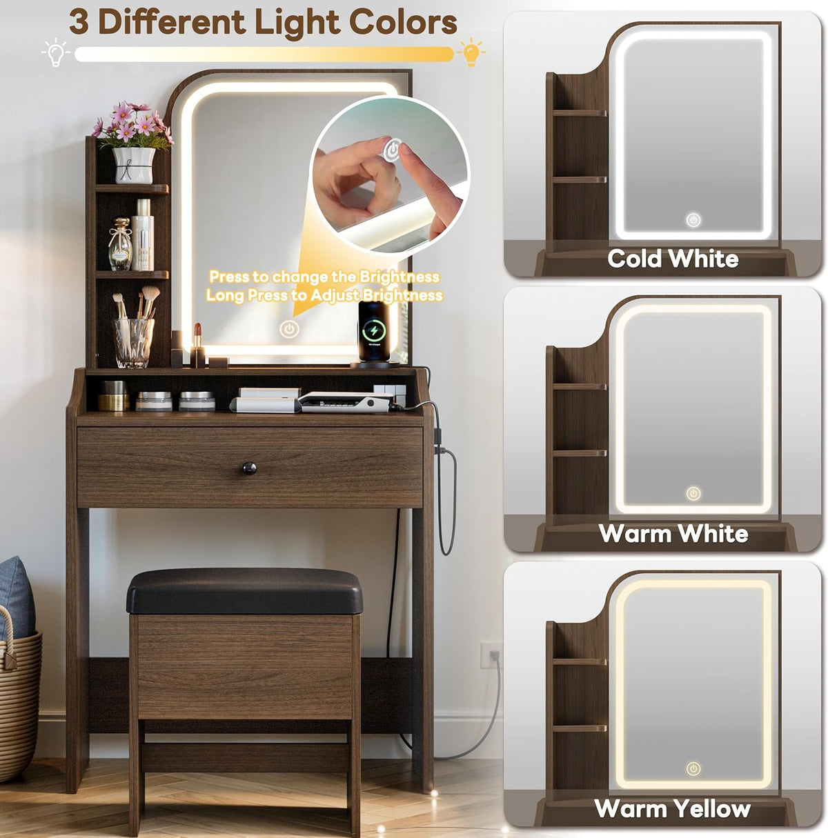 LIKIMIO Small Vanity Desk with Mirror Lights and Storage Stool