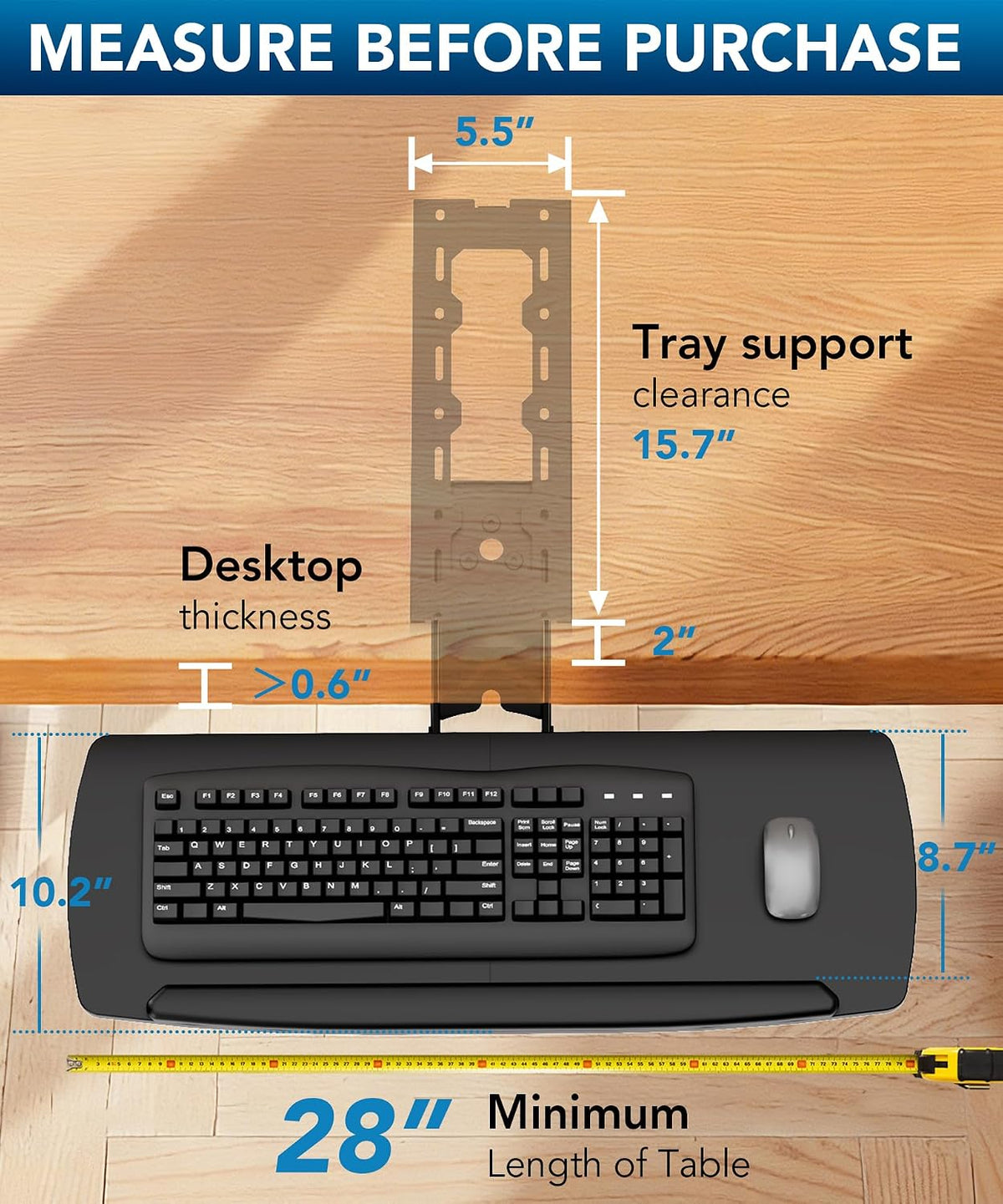 AX WABER Keyboard Tray Under Desk with Storage Drawer, Height Adjustable Keyb...
